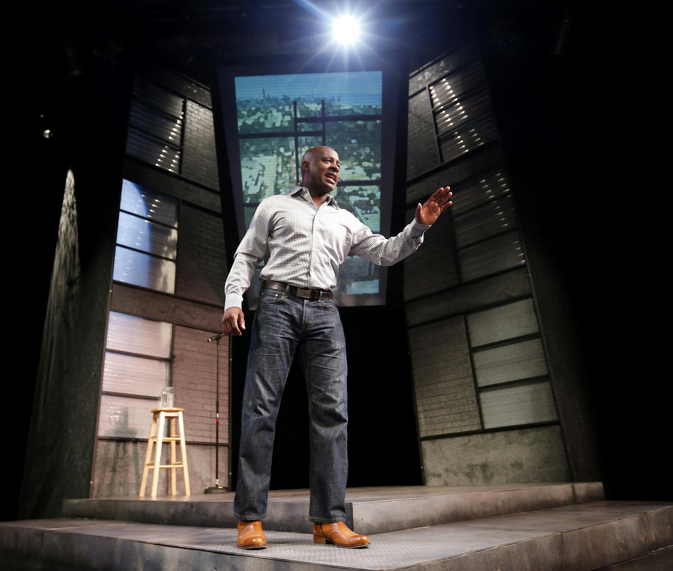 James T. Alfred rehearsed his one-person show "A Brown Tale" at the Penumbra Theatre. ] CARLOS GONZALEZ cgonzalez@startribune.com September 4, 2013, St. Paul. Minn., Penumbra Theatre kicks off its Claude Purdy festival of one-person shows with James T. Alfred's "A Brown Tale," about his journey from the housing projects of Chicago's South Side to the theater stage (Sept. 12-22).