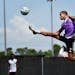 Minnesota United striker Luis Amarilla leapt to kick a ball during training for the 2020 MLS is Back tournament in Florida in 2020.