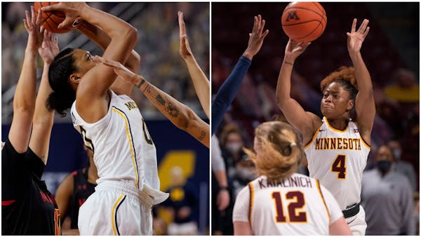 Michigan’s Naz Hillmon (left) was named Big Ten Player of the Year in women’s basketball Monday. The Gophers’ Jasmine Powell (right) was a secon
