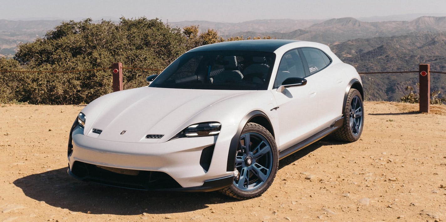 The new Porsche Mission E Cross Turismo, a fully electric sports car which is slated to enter production in 2019, in Malibu, Calif., June 1, 2018. The company&#xed;s recently-debuted Mission E Cross Turismo offers a preview of how they plan to challenge Tesla. (Coley Brown/The New York Times)