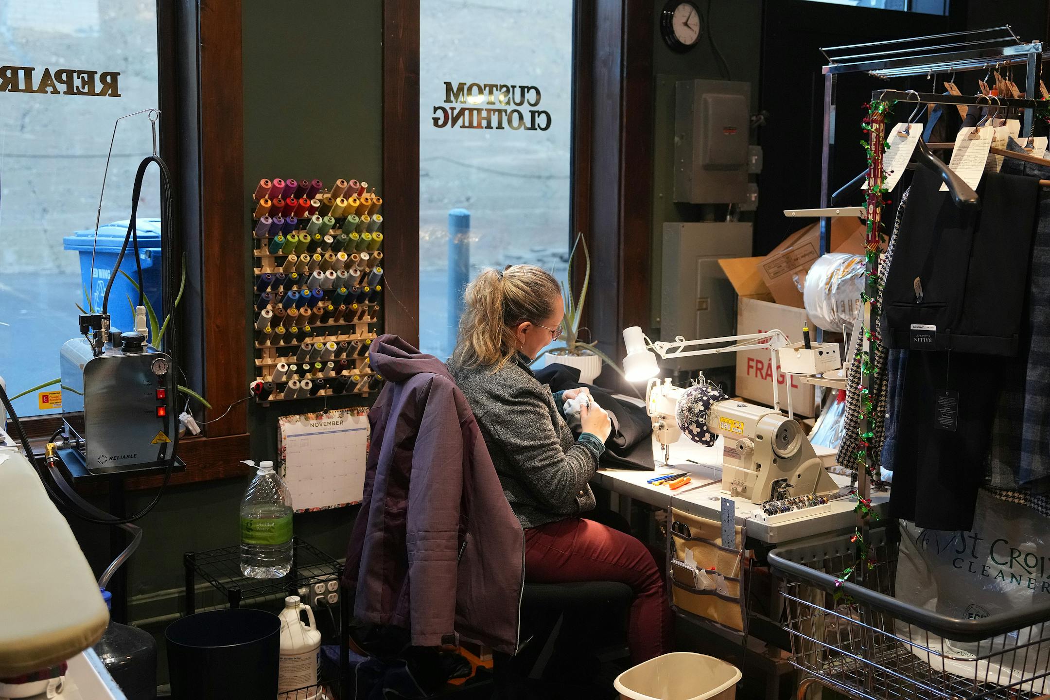 A tailor's space allows for alterations at Heimie's Haberdashery in Red Wing, Minn.