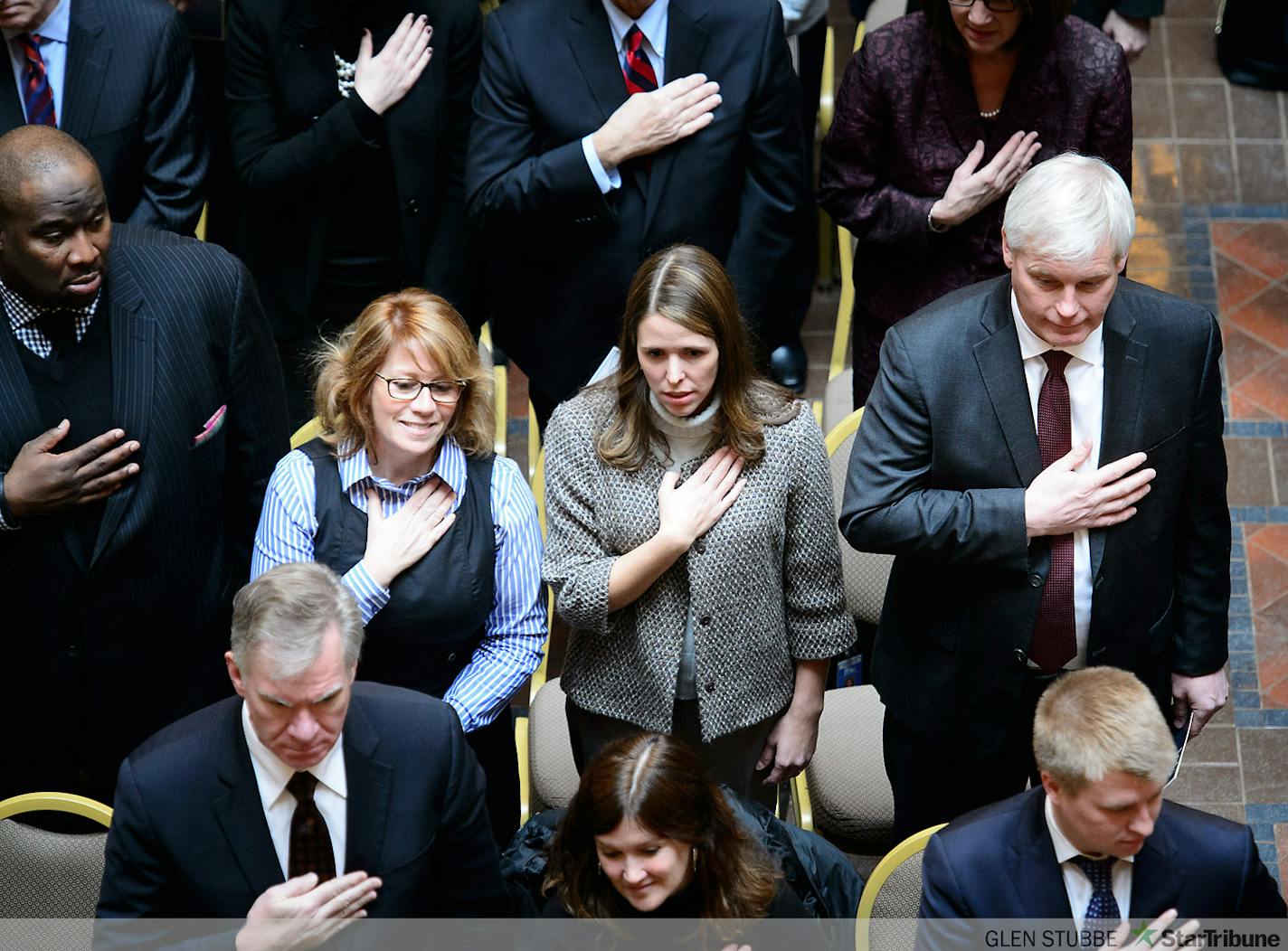 DFL Reps Erin Murphy, Katie Sieben and Paul Thissen.       ]   GLEN STUBBE * gstubbe@startribune.com   Monday January 5,  2015   Next Monday, January 5, Governor Mark Dayton and Lt. Governor-Elect Tina Smith will take the oath of office at an official inauguration ceremony beginning at 12:00pm at the Landmark Center in St. Paul.  138026