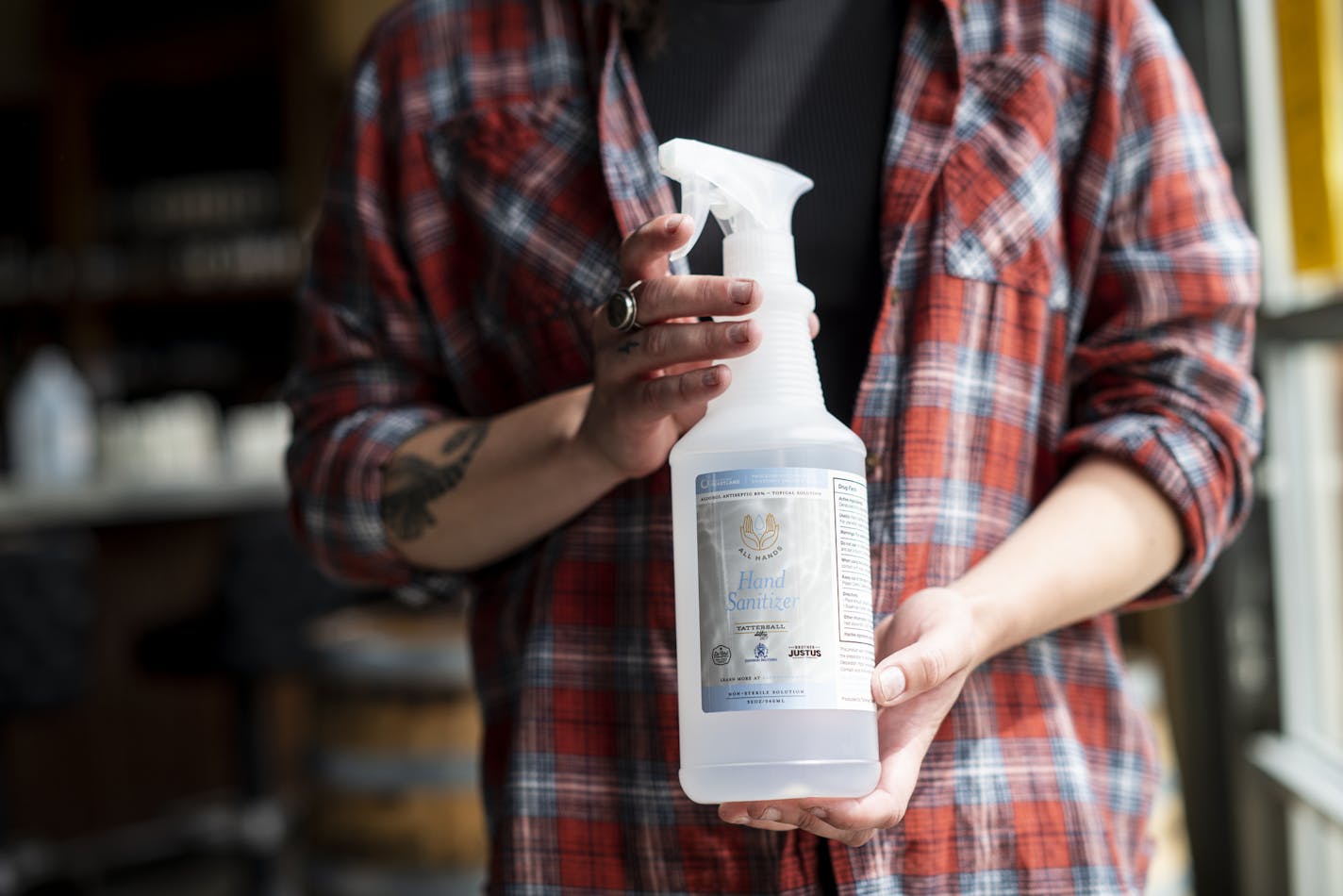 All Hands MN collaborated with Tattersall Distilling, Du Nord Craft Spirits and Brother Justus Whiskey Co. to create hand sanitizer in the early days of COVID-19. Photo provided