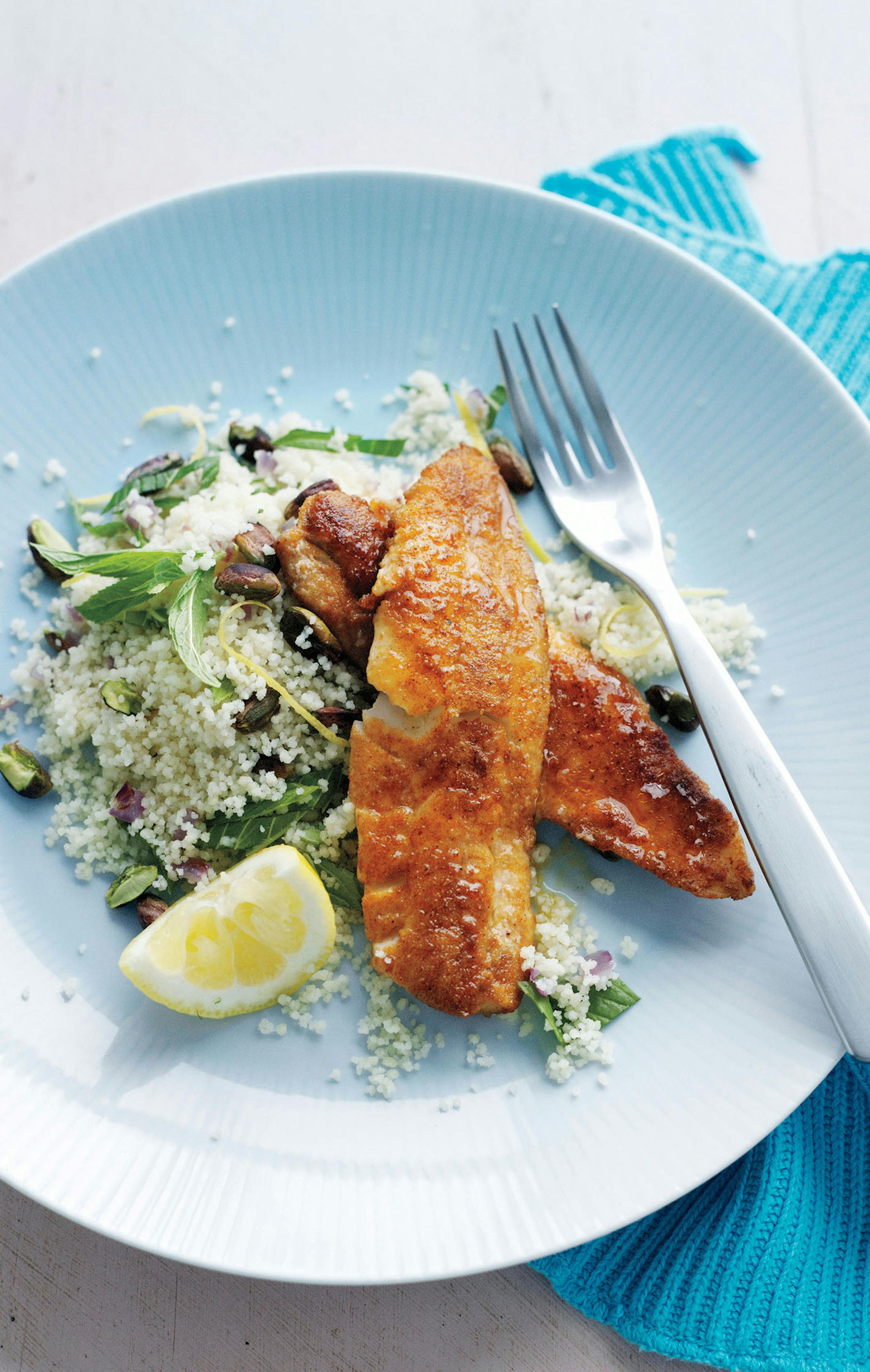 Spiced Fried Fish with Lemon Pistachio Couscous Reprinted with permission from Mediterranean Cooking ¬© 2012 by ACP Books. The 2014 edition published by Sterling Publishing Co. Photography by ACP Magazines Limited.