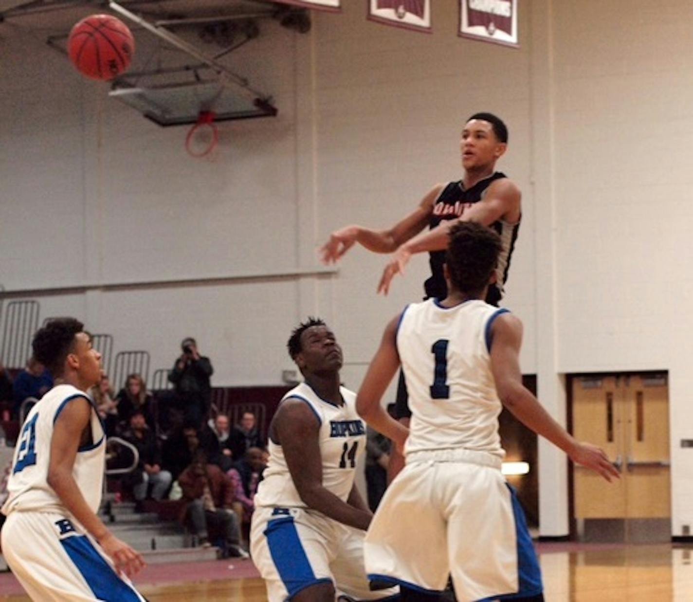 Minnehaha Academy freshman Jalen Suggs, in action against Hopkins at the 2016 Augsburg Holiday Tournament, posted a triple-double – a career-high 40 points, 12 rebounds and 10 assists -- to lead his team to an 86-74 victory over the defending Class 4A champions.