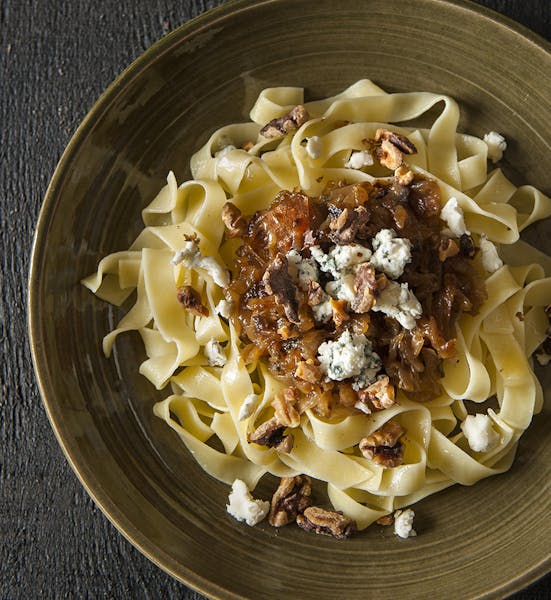 Pasta with Caramelized Onions, Toasted Walnuts and Blue Cheese.
