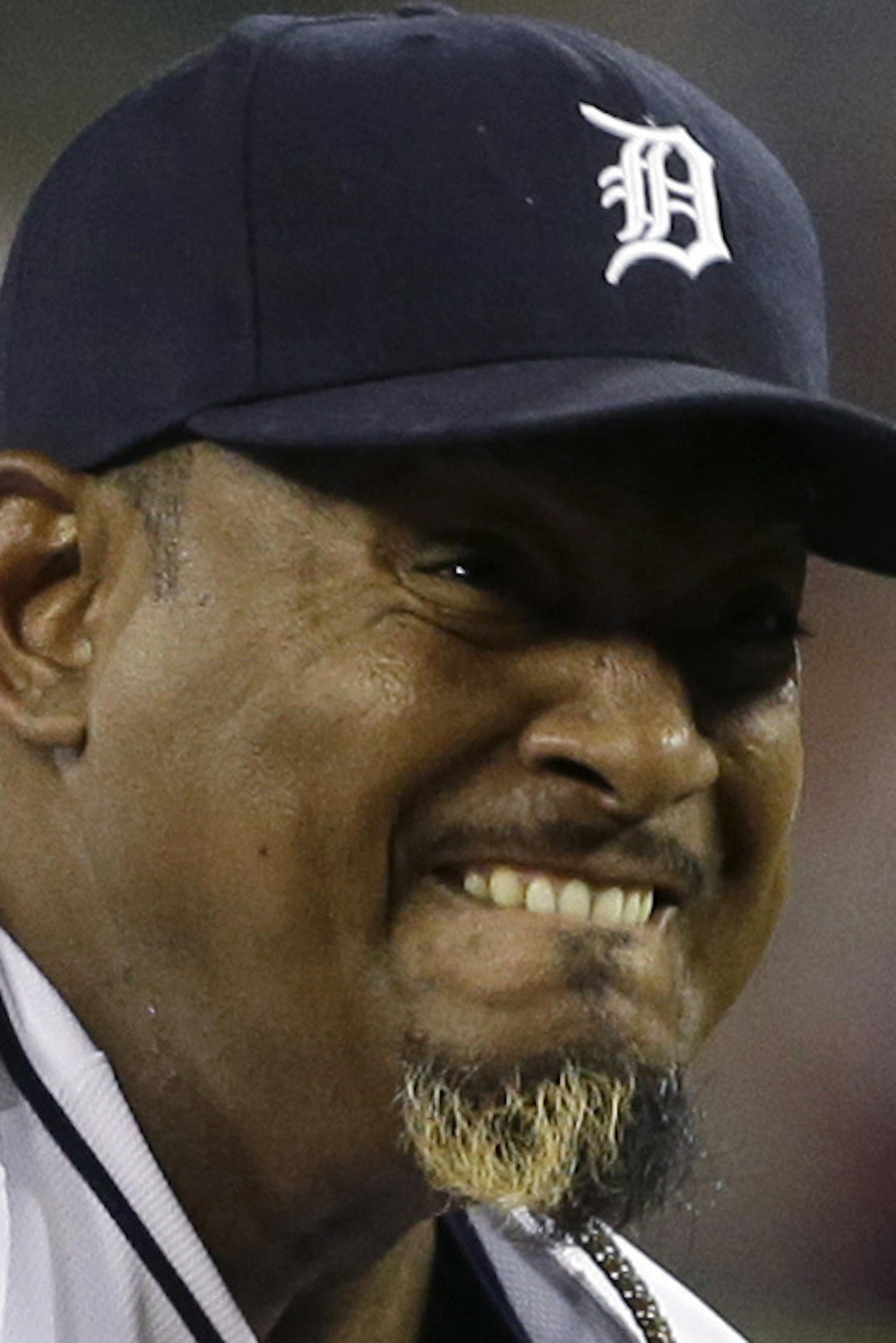 Detroit Tigers relief pitcher Jose Valverde throws during the ninth inning of a baseball game against the Houston Astros in Detroit, Tuesday, May 14, 2013. (AP Photo/Carlos Osorio)