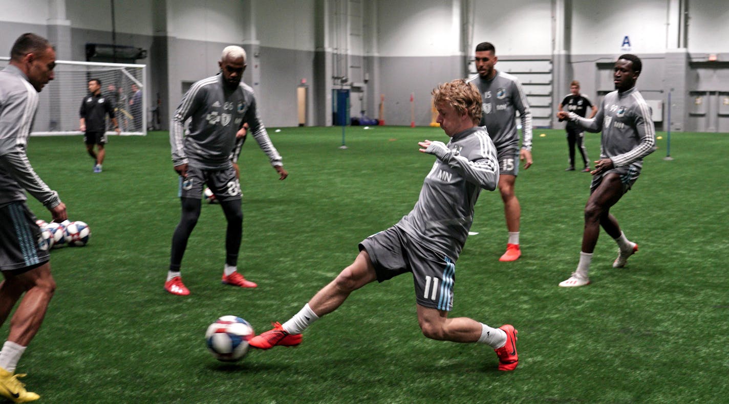 High-priced teenager Thomas Chacon (center) practices with Minnesota United for the first time. ]
brian.peterson@startribune.com
Blaine, MN
Tuesday, August 20, 2019