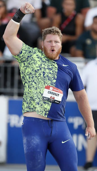 Ryan Crouser reacts after a throw in the men's shot put at the U.S. Championships athletics meet, Friday, July 26, 2019, in Des Moines, Iowa. (AP Phot