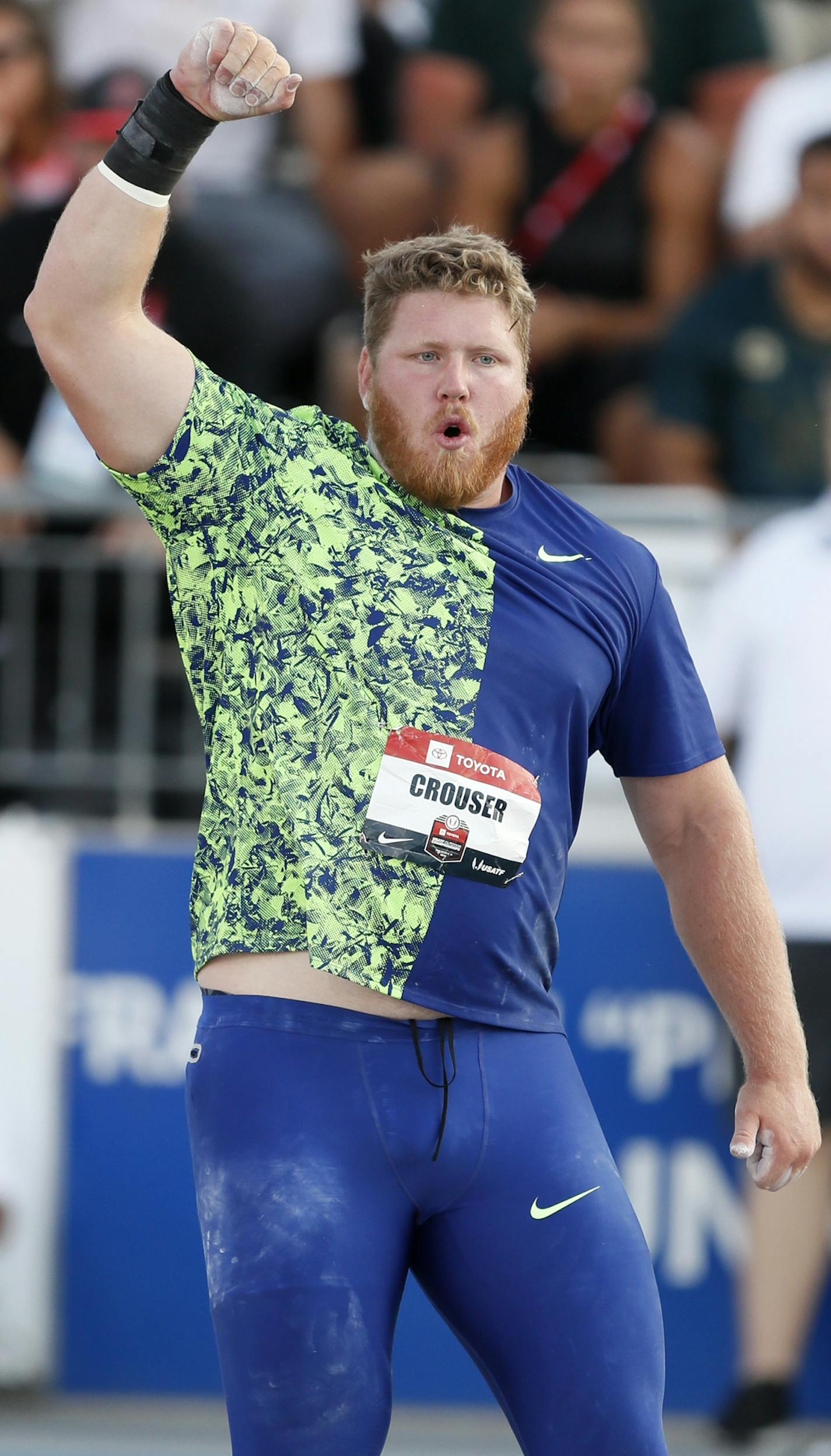 Ryan Crouser reacts after a throw in the men's shot put at the U.S. Championships athletics meet, Friday, July 26, 2019, in Des Moines, Iowa. (AP Photo/Charlie Neibergall)