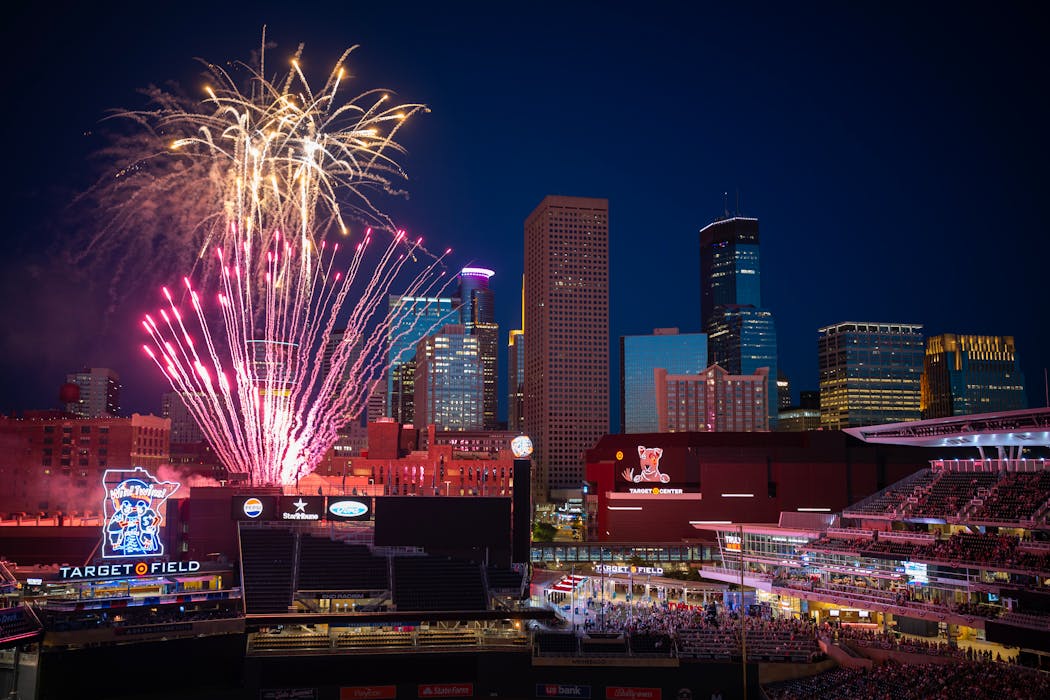 Post-game fireworks are shot off from the top of Ramp B after the Twins loss to the Tigers 9-2 on Wednesday night, July 3, 2024 at Target Field in Minneapolis.   