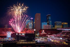 Post-game fireworks are shot off from the top of Ramp B after the Twins loss to the Tigers Wednesday night, July 3, 2024 at Target Field in Minneapoli
