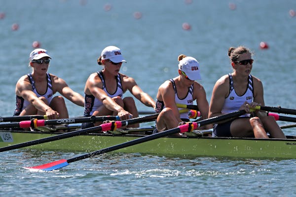 The USA's women's quad sculls team of Minnesota's Megan Kalmoe (second from right ), Grace Latz, Tracy Eisser, and Adrienne Martelli finished fifth in