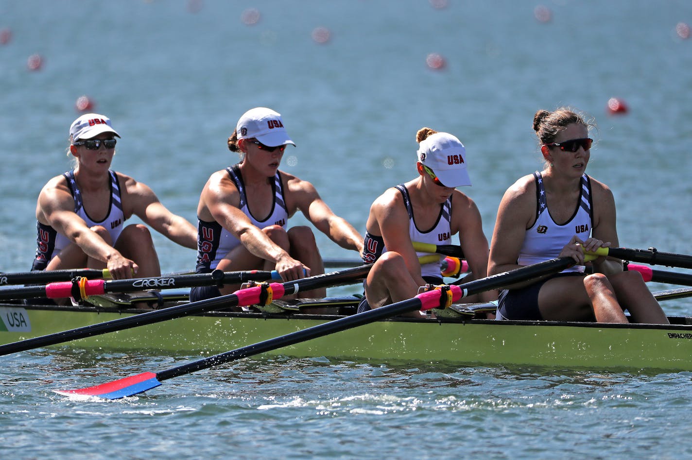 The USA's women's quad sculls team of Minnesota's Megan Kalmoe (second from right ), Grace Latz, Tracy Eisser, and Adrienne Martelli finished fifth in Thursday morning racing at Lagoa Stadium. The U.S. boat crossed the finish line in 6:57.67, 8.28 seconds behind the winning team from Germany, which posted a time of 6:49.39. The Netherlands took silver in 6:50.33, while Poland won the bronze in 6:50.86. ] 2016 Summer Olympic Games - Rio Brazil brian.peterson@startribune.com Rio de Janeiro, Brazil