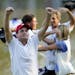 USA Ryder Cup Team members Keegan Bradley celebrates after beating the European Ryder Cup Team on the 17th hole in four ball play on the first day of 