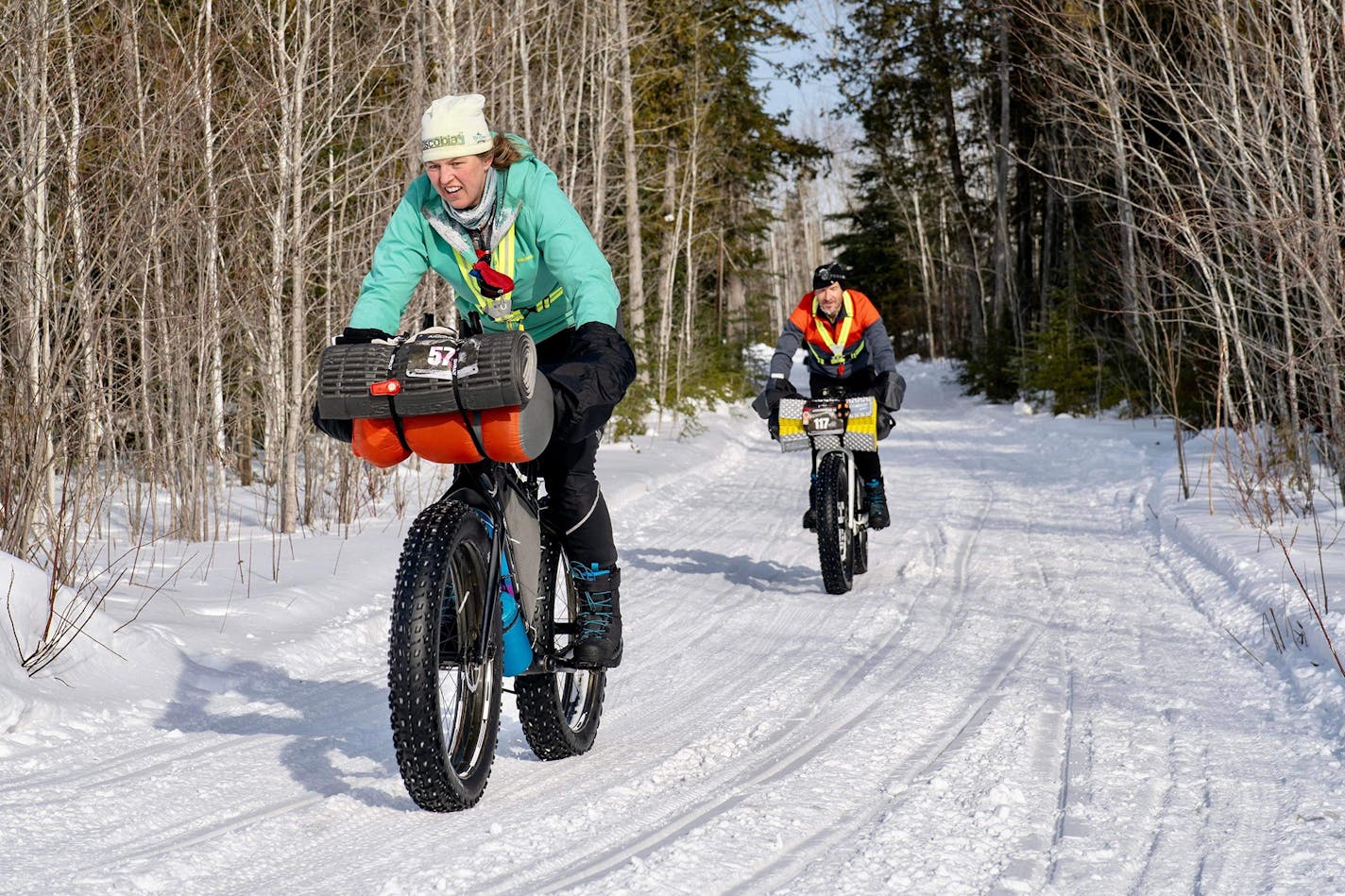 Leah Gruhn and her husband, Jeré, on-trail last January during the Arrowhead 135.