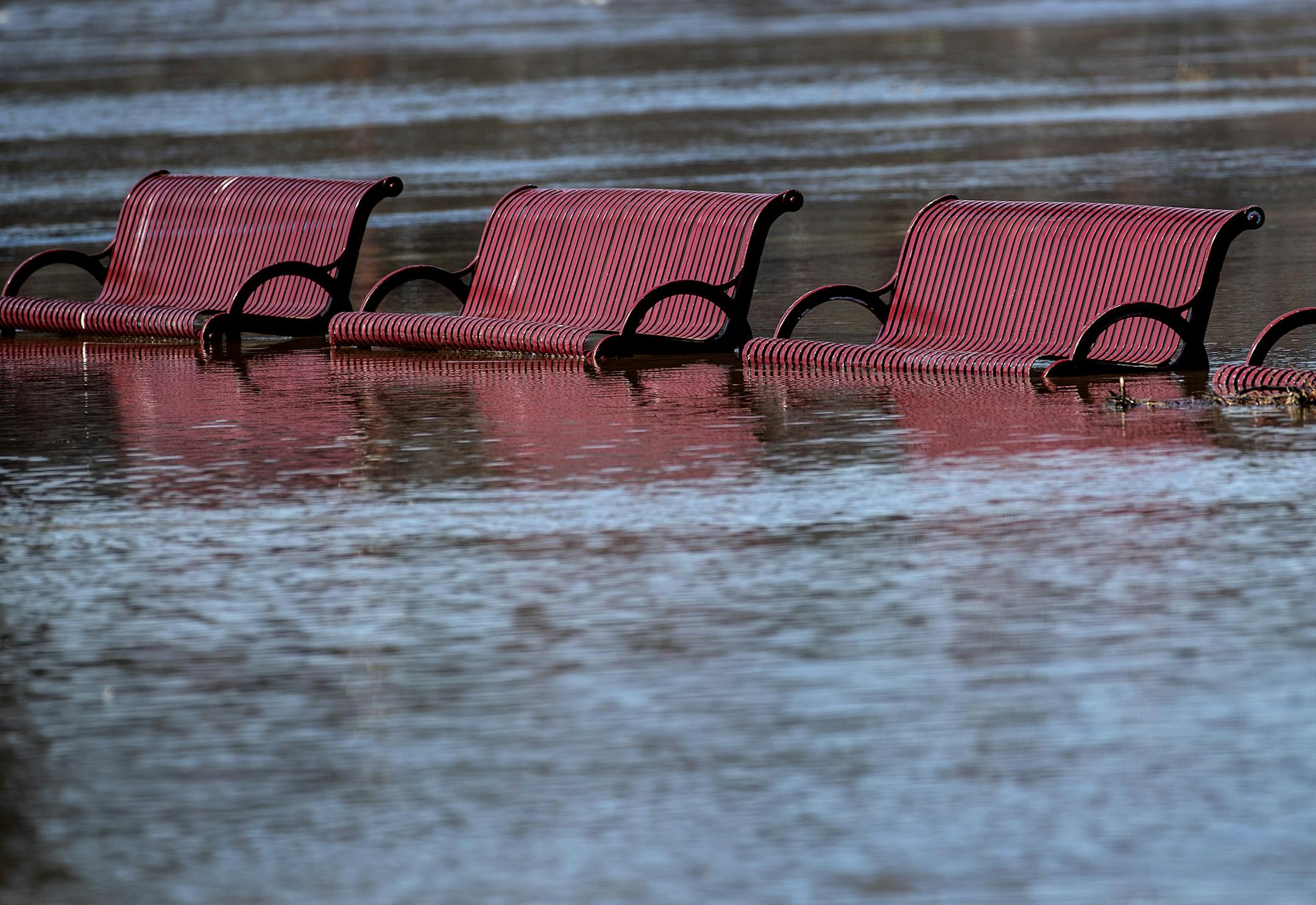 Partially submerged benches at Harriet Island Regional Park on Monday afternoon. ] CARLOS GONZALEZ &#x2022; cgonzalez@startribune.com &#x2013; St. Paul, MN &#x2013; March 25, 2019, Harriet Island across from downtown St. Paul is starting to go under water due to spring flooding.