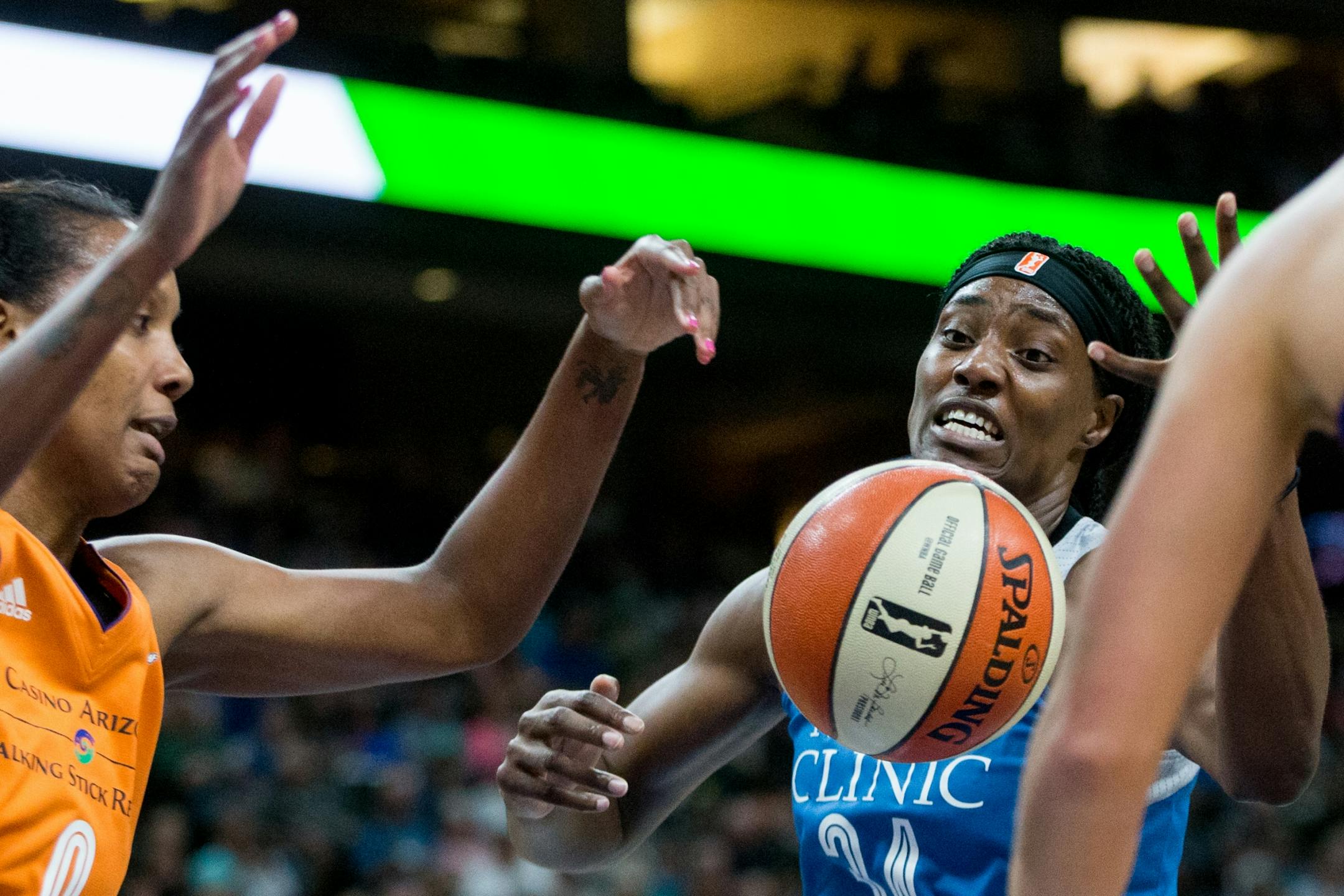 Minnesota Lynx center Sylvia Fowles reaches for the ball during a game against the Phoenix Mercury on Sunday, July 16, 2017, at Xcel Energy Center.