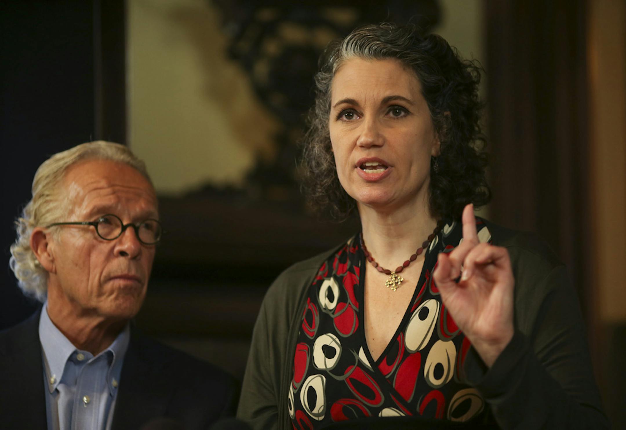 Laura Stearns with attorney Jeff Anderson during a 2015 news conference.