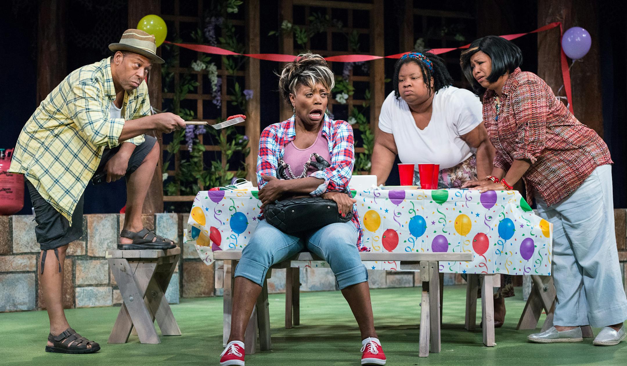 from left to right: Thomas W. Jones II, Regina Marie Williams, Dana Lee Thompson, Aimee K. Bryant in "Barbecue" at Mixed Blood. Photo by Rich Ryan