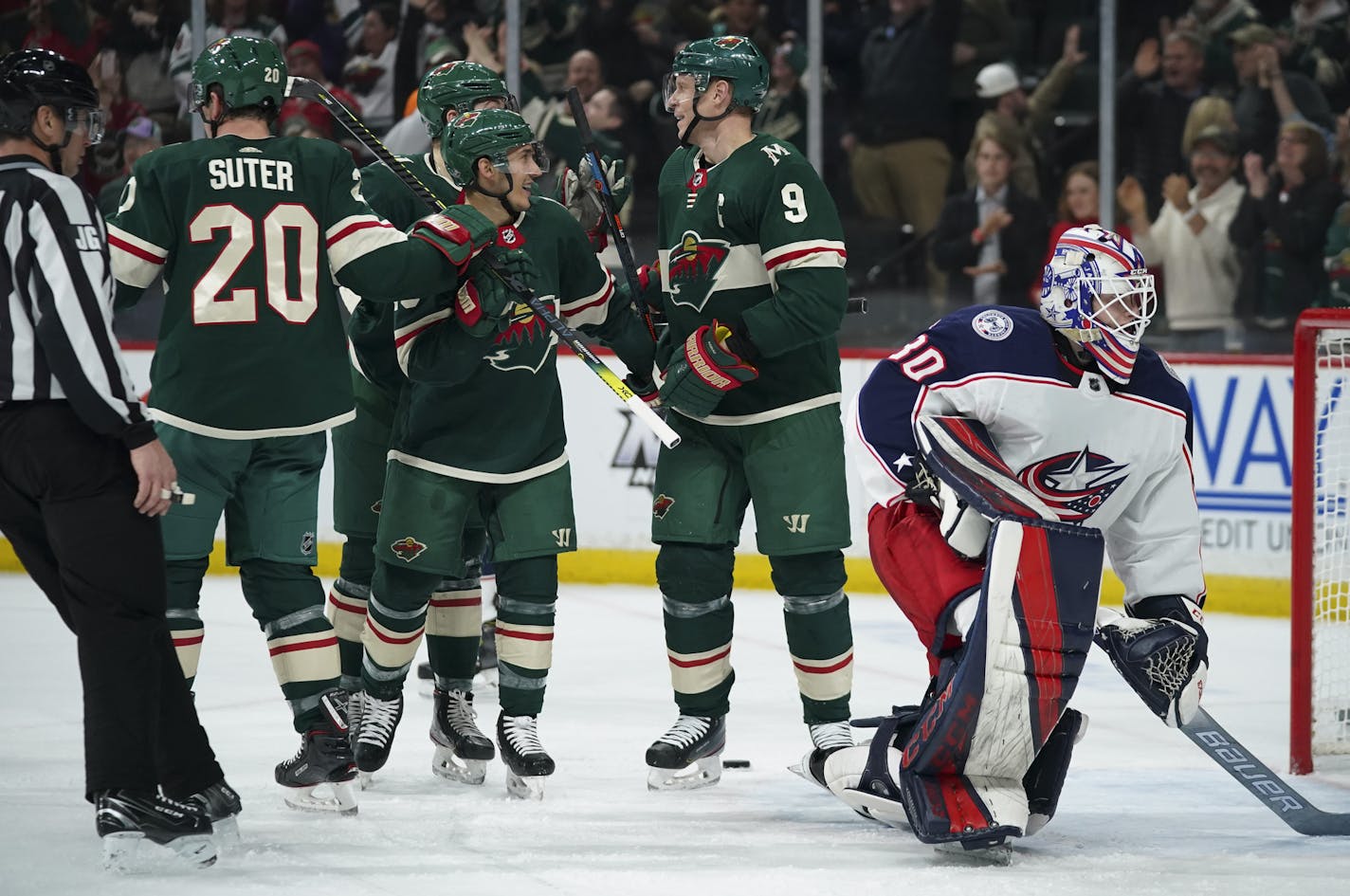 teammates congratulated Minnesota Wild center Mikko Koivu (9) on his second goal of the game, late in the second period. ] JEFF WHEELER &#x2022; Jeff.Wheeler@startribune.com The Minnesota Wild faced the Columbus Blue Jackets in an NHL hockey game Tuesday night, February 25, 2020 at Xcel Energy Center in St. Paul.