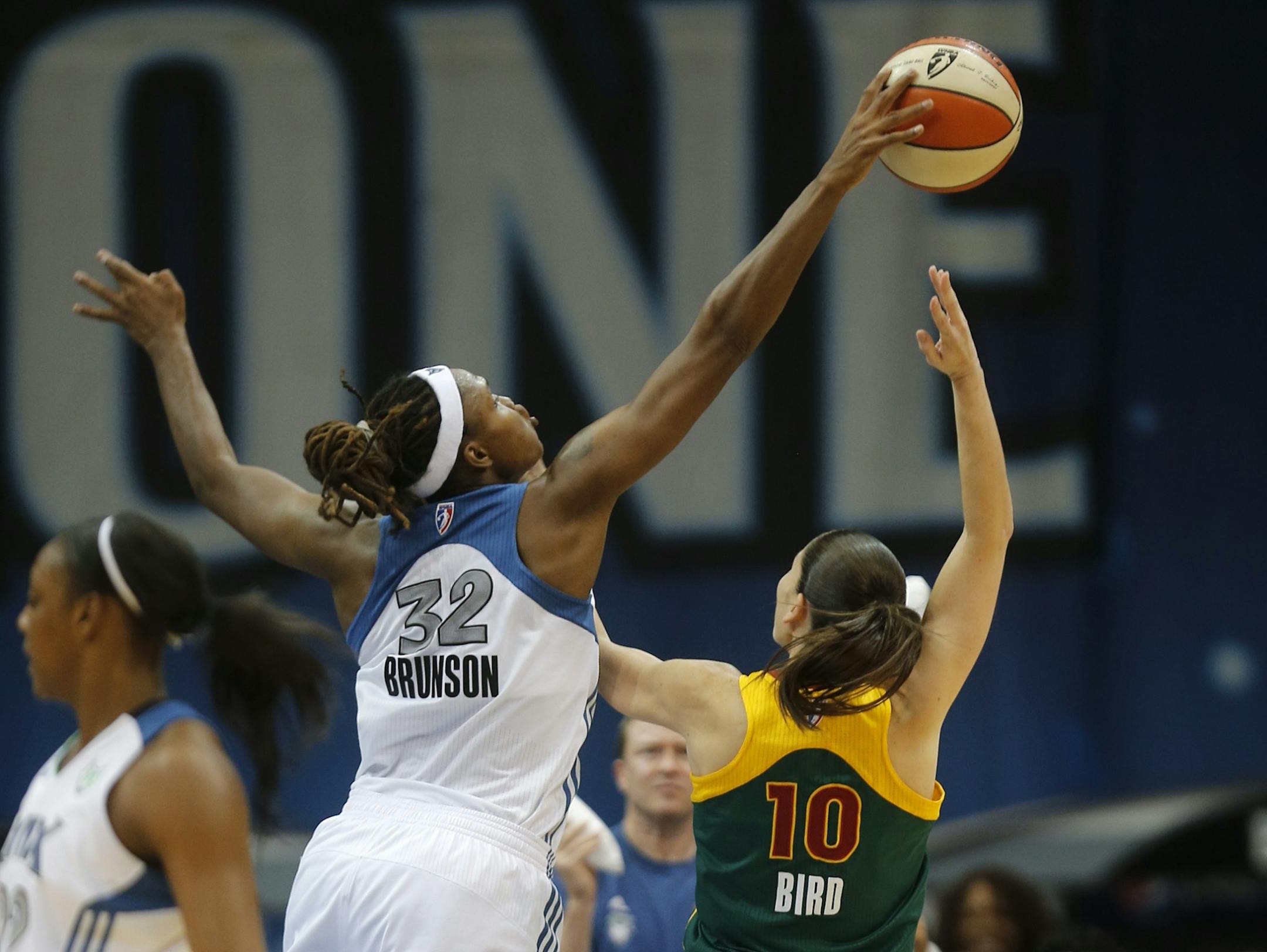 Rebekkah Brunson blocked the shot of of the Storm's Sue Bird.