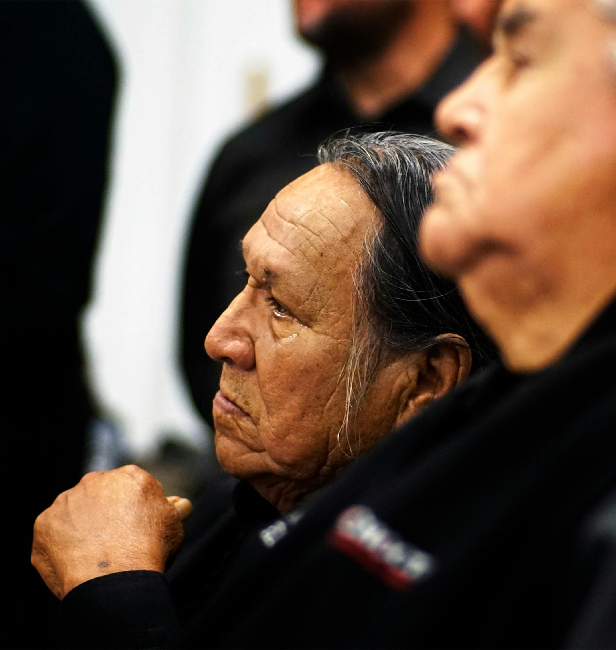 Leonard Crow Dog and Clyde Bellecourt, two of the founding members of the American Indian Movement, listened during an orientation for veterans at Sitting Bull College in Fort Yates, N.D., where they arrived at Standing Rock Reservation.
