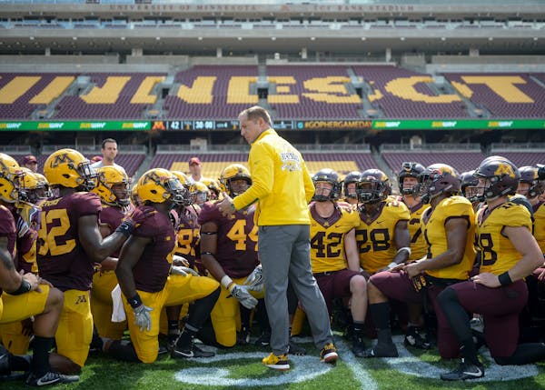 Gophers head coach P.J. Fleck addressed his team after last year's spring game.