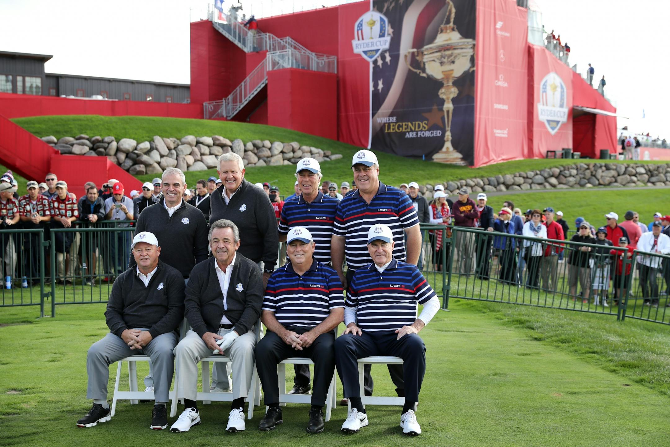 Former Ryder Cup Team Captains pose for a group shot before teeing off Wednesday morning. (Back Row L to R) Paul McGinley, Colin Montgomerie, Ben Crenshaw, Hal Sutton, (Front Row L to R) Ian Woosnam,Tony Jacklin, Lanny Watkins, Dave Stockton