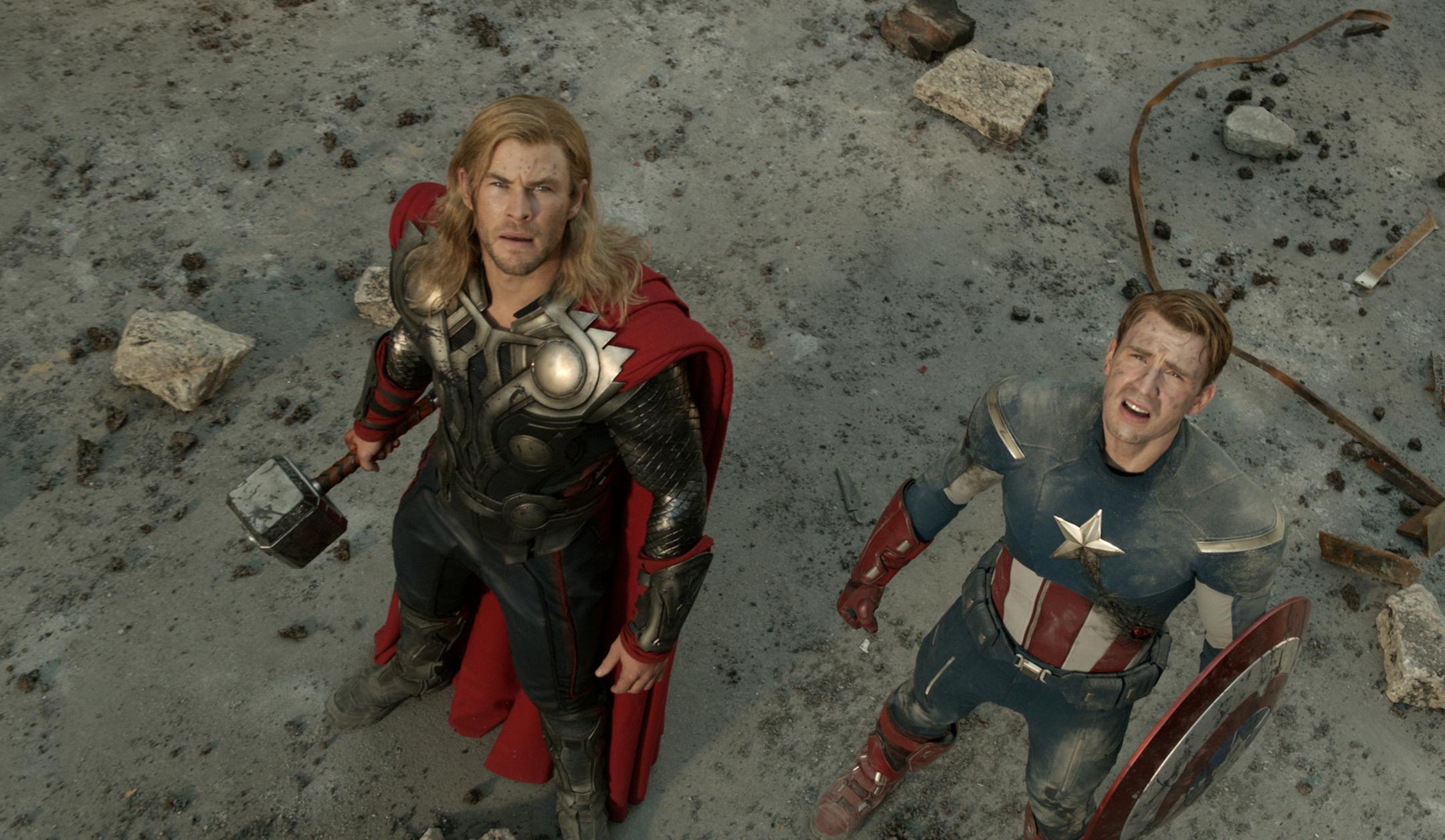 Chris Hemsworth as Thor and Chris Evans as Captain America in "The Avengers."