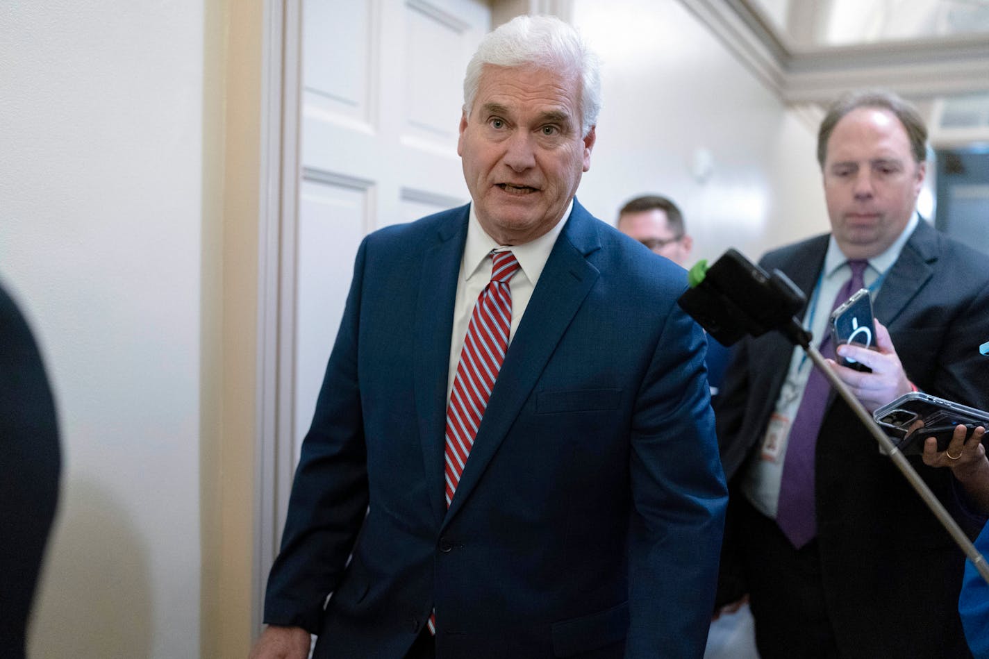 FILE - House Majority Whip Tom Emmer, R-Minn., leaves the Republican caucus meeting at the Capitol in Washington, Thursday, Oct. 19, 2023. (AP Photo/Jose Luis Magana, File)