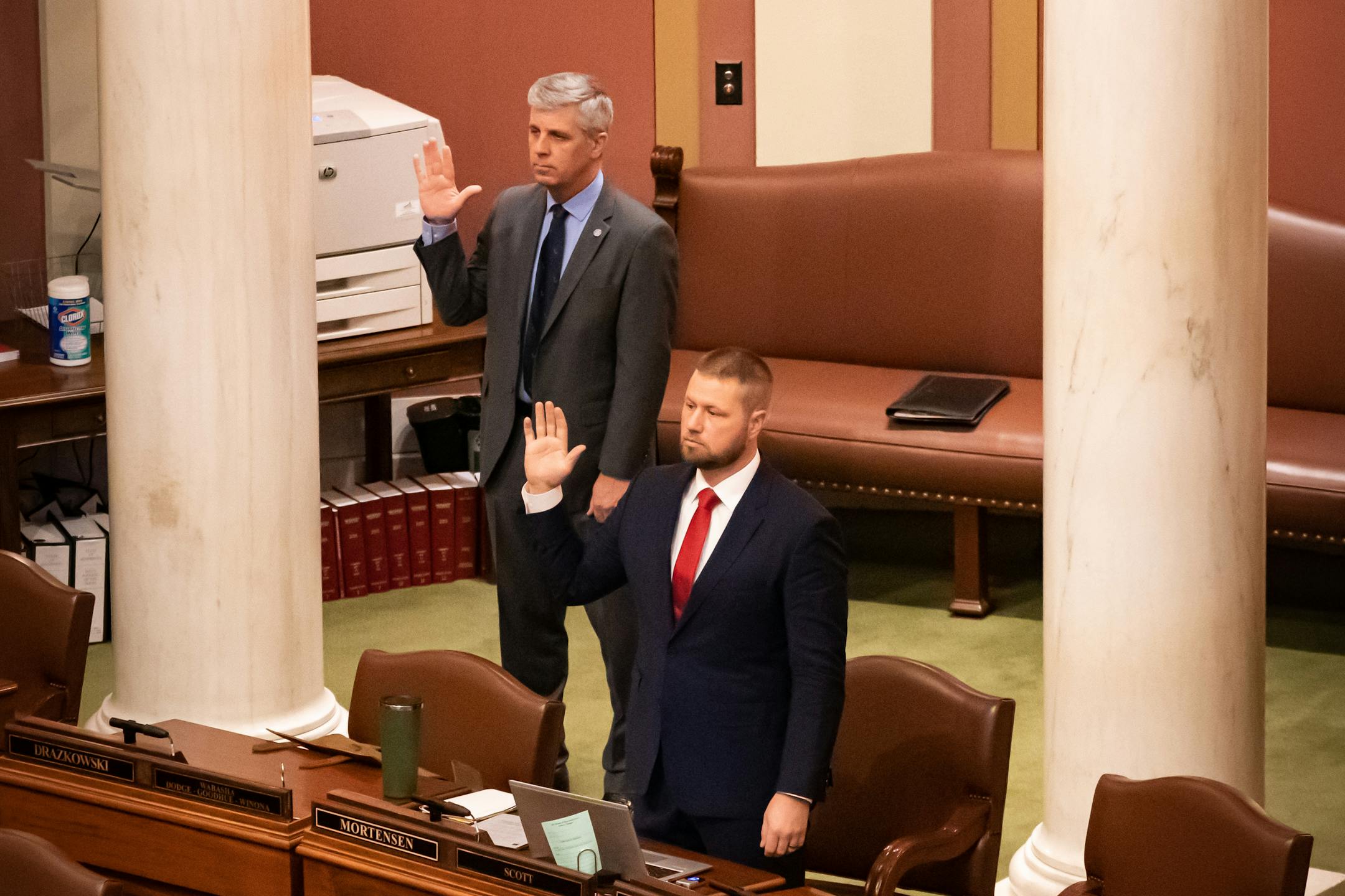 Rep. Steve Drazkowski, R-Mazeppa and Rep. Erik Mortensen, R-Shakopee took the oath in the House Chamber. Mortensen later attempted to force a vote to end Gov. Tim Walz state of emergency.