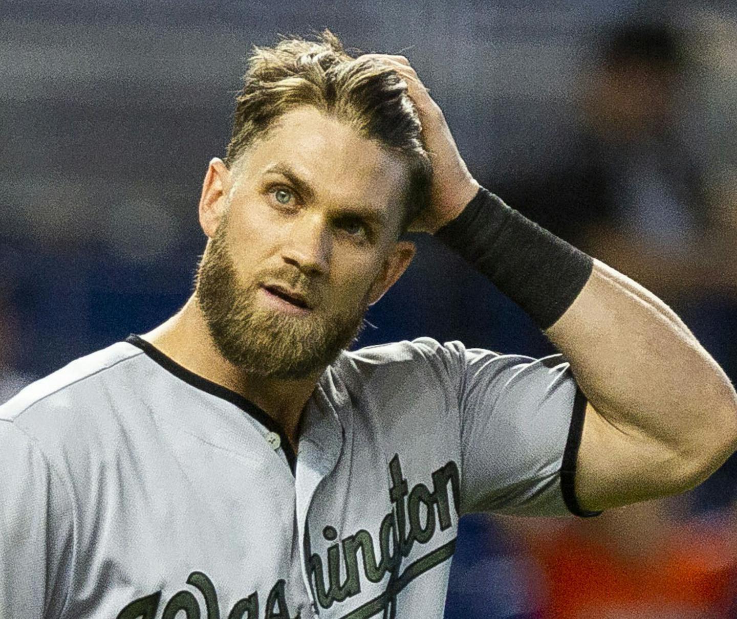 Washington Nationals outfielder Bryce Harper reacts after striking out looking during the ninth inning against the Miami Marlins on May 27, 2018, at Marlins Park in Miami. (Daniel A. Varela/Miami Herald/TNS) ORG XMIT: 1237805