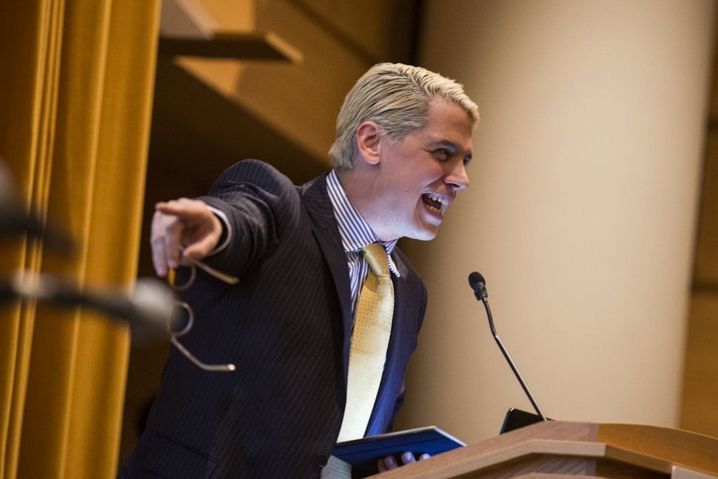 Milo Yiannopoulos speaks with Christina Hoff Sommers at the Humphrey Institute of Public Affairs on the campus of the University of Minnesota in Minneapolis on Wednesday, February 17, 2016.