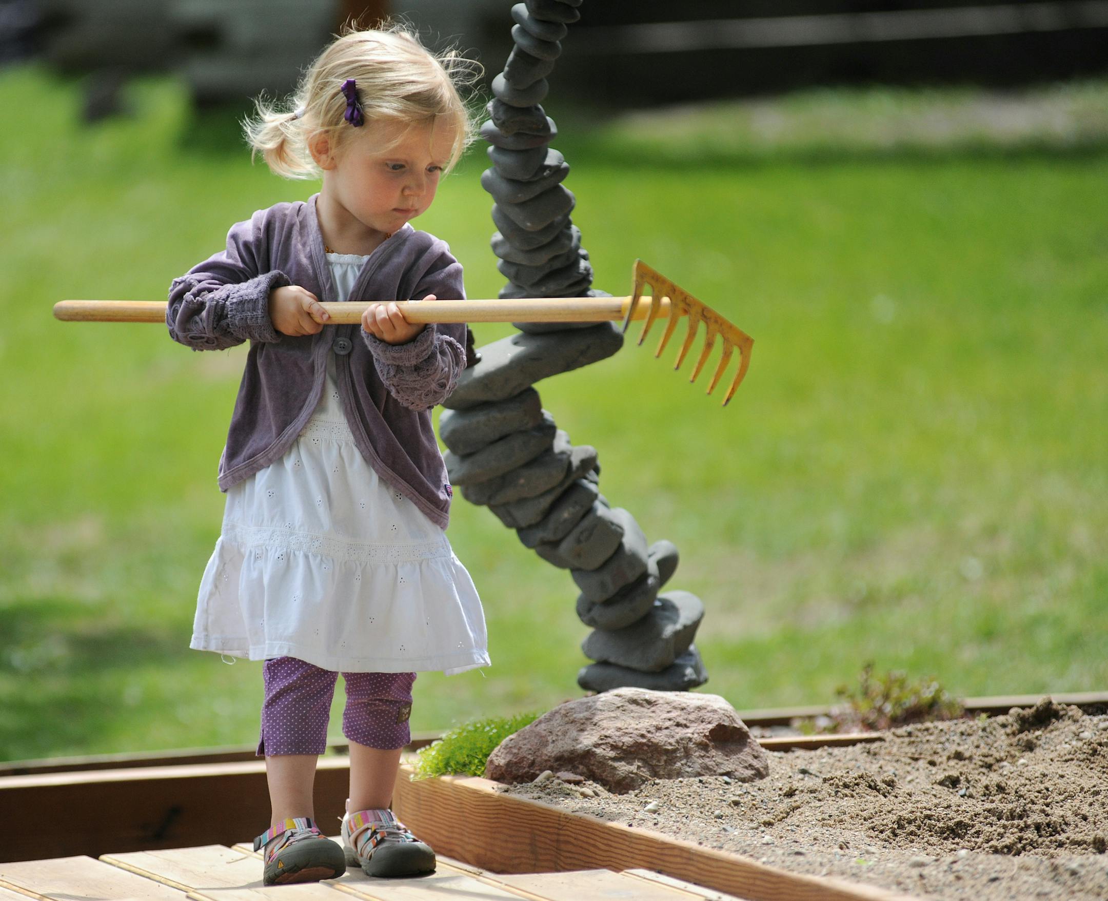 To celebrate the 25th anniversary of the Minneapolis Sculpture Garden Walker Art Center’s Artist-Designed Mini Golf is now in play. Raewyn Shaw 2 years old of Omaha Neb. was fascinated by a sand trap on hole number 5 Zen rock garden and spent a couple of minutes raking in the sand and having a Zen moment of her own, while playing mini golf with her family. ] Richard.Sennott@startribune.com Richard Sennott/Star Tribune. , , Minnesota Monday 6/3/13) ** (cq)