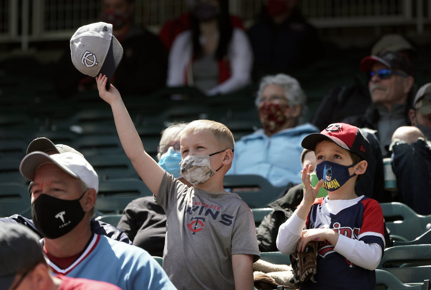 Minnesota Twins fans Jake Renner, 6, and Cameron Leapaldt, 5, from Chanhassen, during a game against the Texas Rangers on Thursday, May 6, 2021 at Target Field in Minneapolis, Minnesota. (Brian Peterson/Minneapolis Star Tribune/TNS) ORG XMIT: 15657517W