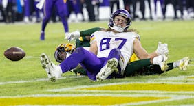 T.J. Hockenson was stopped near the goal line when the Vikings and Packers played in January.