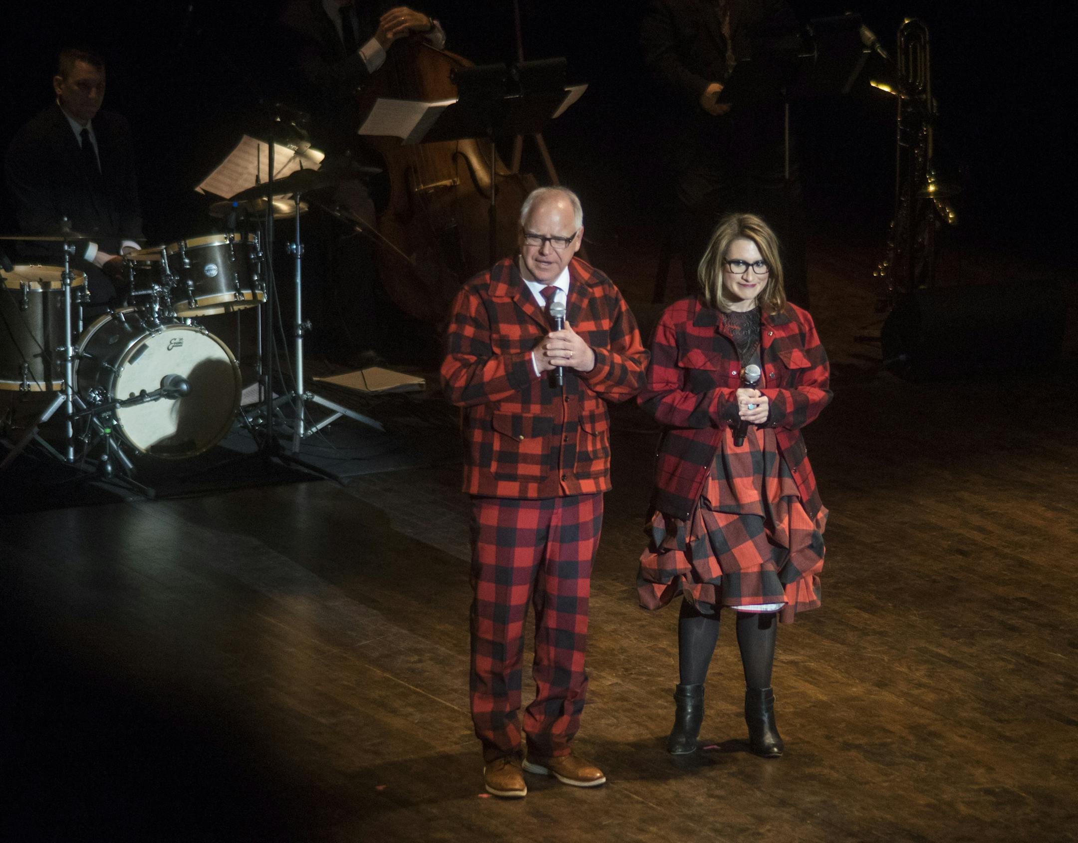 Gov. Tim Walz and Lieutenant Gov. Peggy Flanagan gave greetings at the beginning of the program for Minnroast.
]
TONY SAUNDERS ° anthony.saunders@startribune.com on Friday, April 27 at the State Theater in Minneapolis.