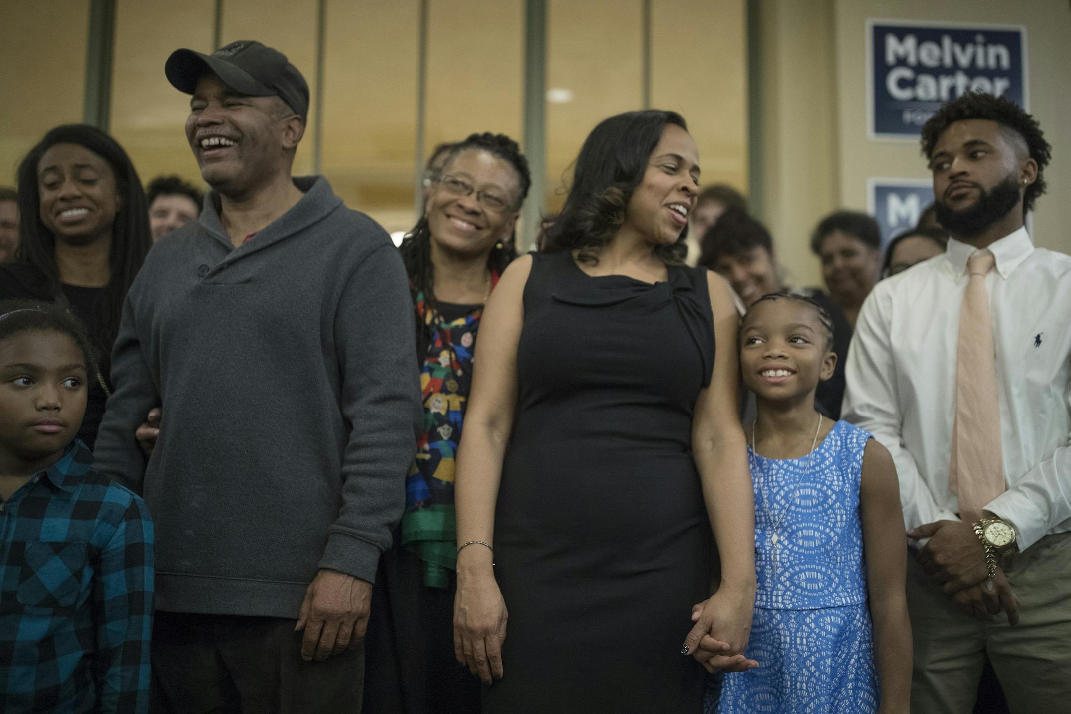St. Paul mayoral candidate Melvin Carter parents ,left Melvin Carter II, Toni Carter, wife Sakeena, and daughter Naomi looked on as he spoke at the Union Depot Tuesday November 7,2017 in St. Paul, MN.