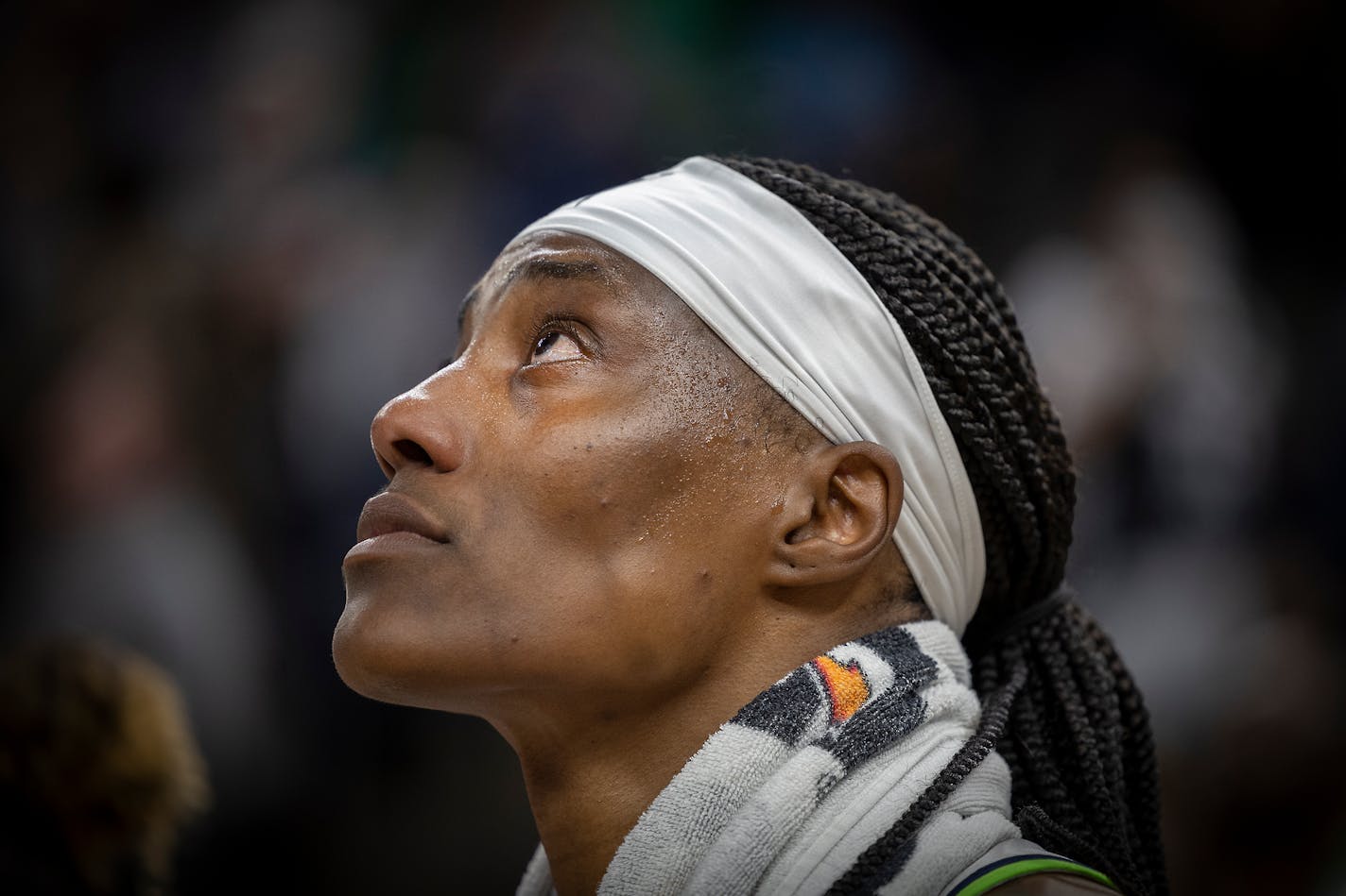 Lynx center Sylvia Fowles (34) watches a tribute to her after the Lynx lost to the Seattle Storm 96-69 at Target Center in Minneapolis, Minn., on Friday, Aug. 12, 2022. ] Elizabeth Flores • liz.flores@startribune.com