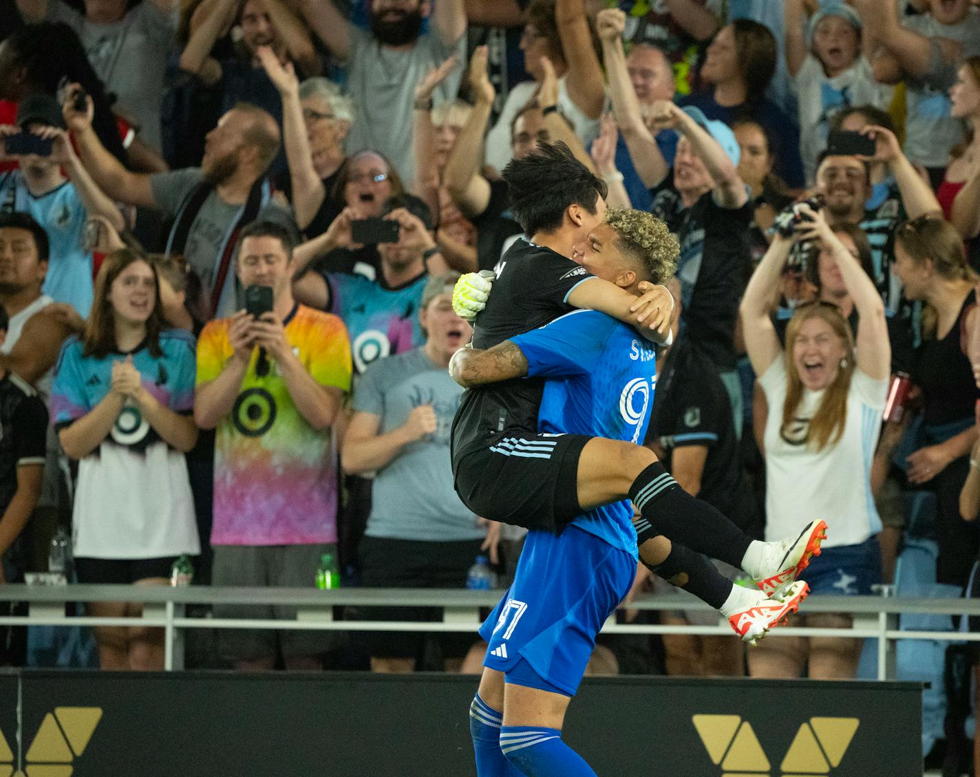 Minnesota United forward Sang Bin Jeong (11) jumped into the arms of goalkeeper Dayne St. Clair (97) after clinching the win with his successful penalty shot on Toluca goalkeeper Tiago Volpi after regulation. After Minnesota United FC played Toluca FC to a 2-2 draw, the Loons then advanced to the next round on penalty kicks in a Leagues Cup 2023 soccer match Tuesday night, August 8, 2023 at Allianz Field in St. Paul. ] JEFF WHEELER • jeff.wheeler@startribune.com