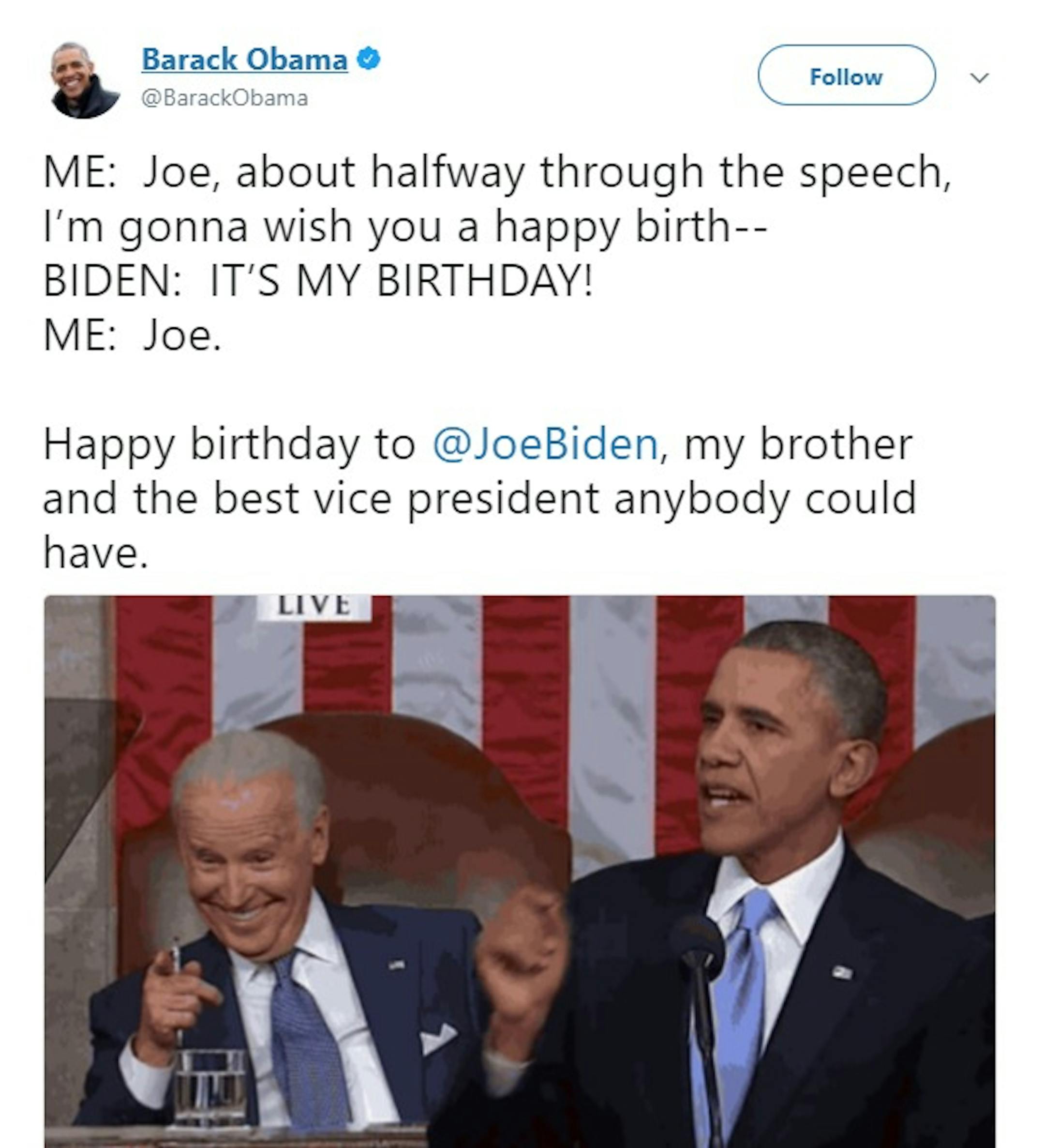Former President Barack Obama's tweet on Joe Biden's birthday.