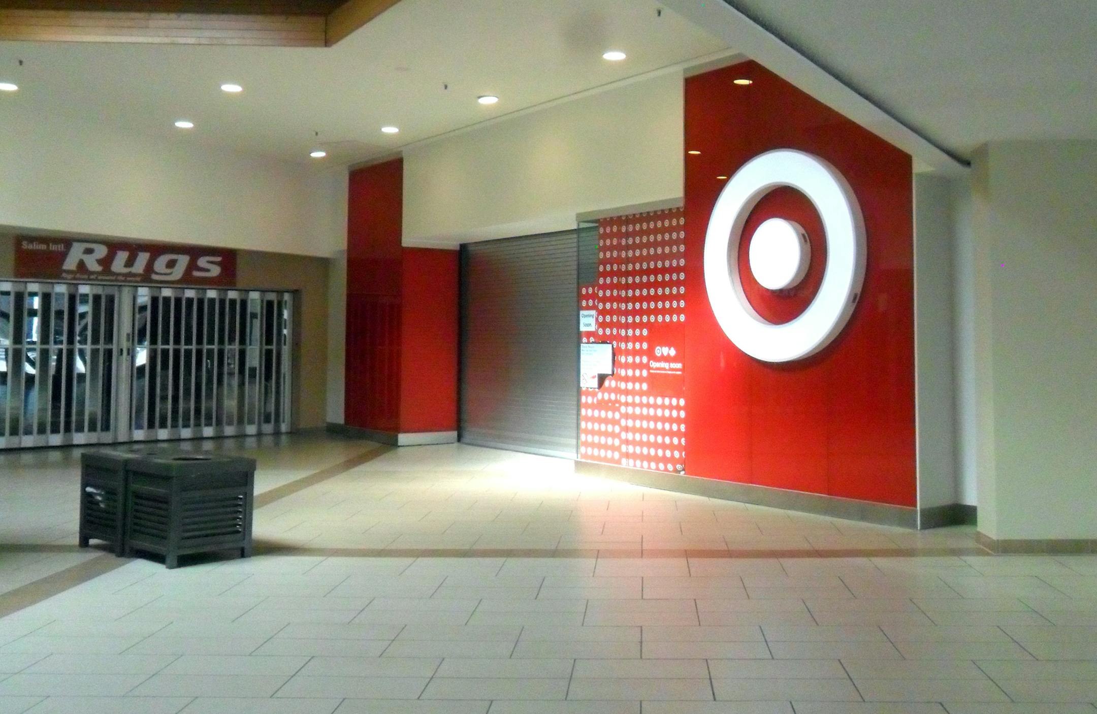 Mall entrance for the Target store at Cloverdale Mall, Etobicoke, before opening day. March 18, 2013. Photo credit, Nicholas Moreau