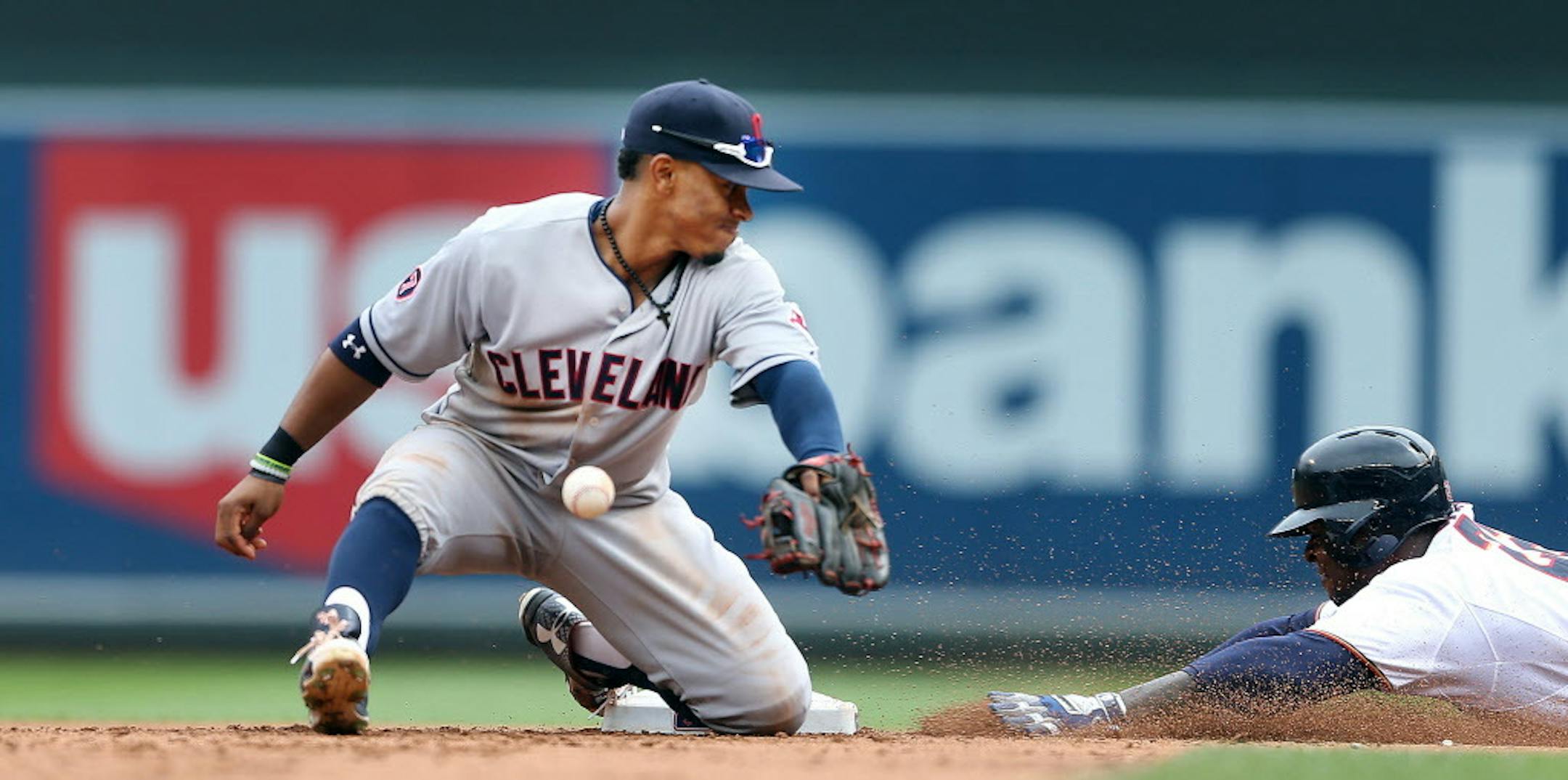 Twins Miguel Sano stole second base on Cleveland's short stop Francisco Lindor in the sixth inning .The Twins beat the Cleveland Indians 4-1 at Target Field Sunday August 16, 2015 in Minneapolis, MN. ] Jerry Holt/ Jerry.Holt@Startribune.com