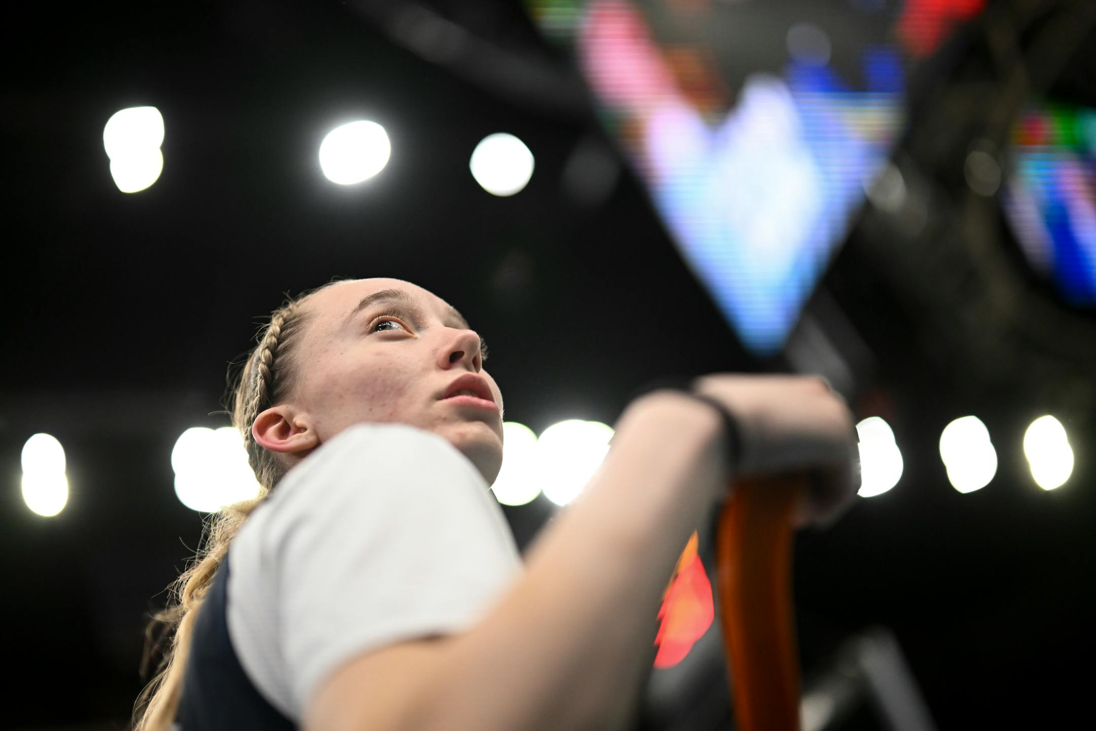 UConn guard Paige Bueckers (5) looks on as she beings to warm up during a Final Four open practice held Saturday, April 2, 2022 at Target Center in Minneapolis, Minn.