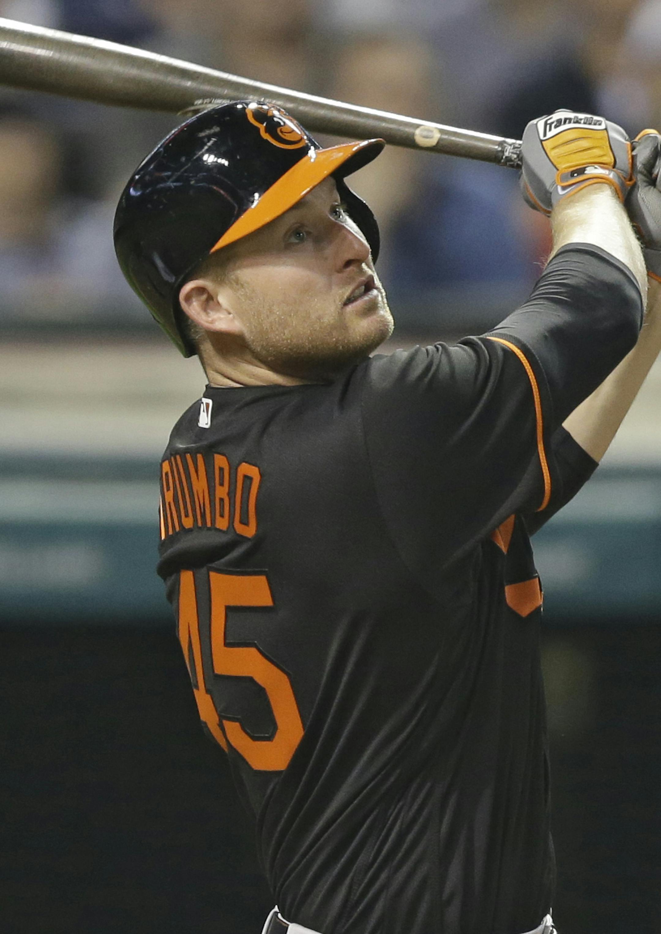 Baltimore Orioles' Mark Trumbo watches his two-run home run off Cleveland Indians relief pitcher Zach McAllister during the seventh inning of a baseball game, Friday, May 27, 2016, in Cleveland. (AP Photo/Tony Dejak)