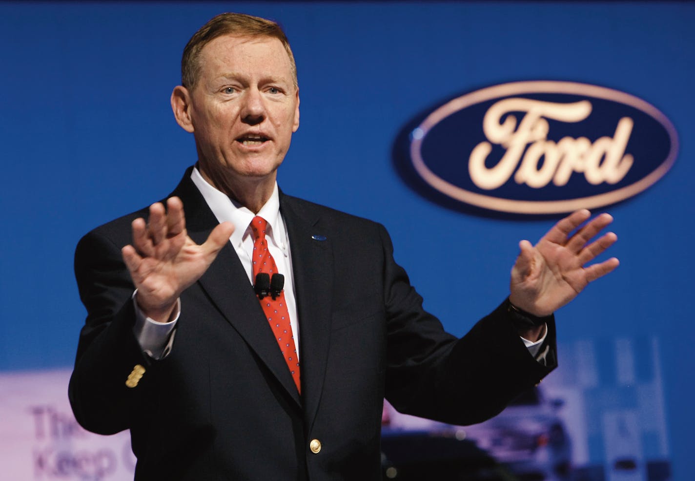 FILE - In this Jan. 26, 2010 file photo, Ford Motor Co. President and Chief Executive Officer Alan Mulally, talks about Ford's progress during the economic recession, during a news conference at the Washington Auto Show in Washington. Ford Motor Co. has rewarded CEO Alan Mulally with stock worth $56.5 million before taxes. The Dearborn, Michigan, company disclosed the awards in filings Monday, March 7, 2011, with the Securities and Exchange Commission. (AP Photo/J. Scott Applewhite, file)