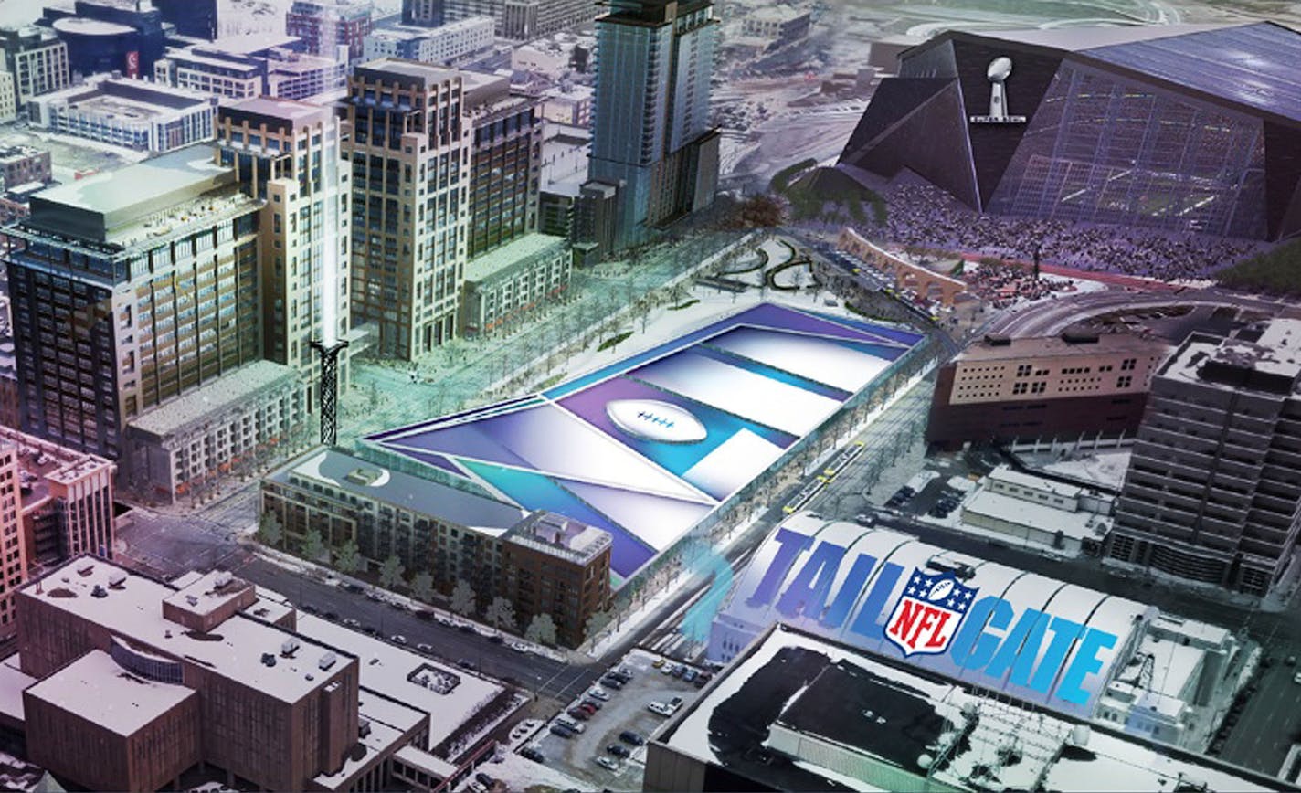 In this artist's rendering provided by the Minnesota Vikings on Wednesday, May 21, 2014, a Super Bowl LII logo covers a seven-acre prime space for an NFL tailgate party next to the new stadium, top right, which is under construction in Minneapolis. The image was part of the presentation made to NFL team owners before they voted to hold the 2018 Super Bowl in Minneapolis. (AP Photo/Minnesota Vikings) ORG XMIT: MIN2014052118254773 ORG XMIT: MIN1405231405030595 ORG XMIT: MIN1406091509121911