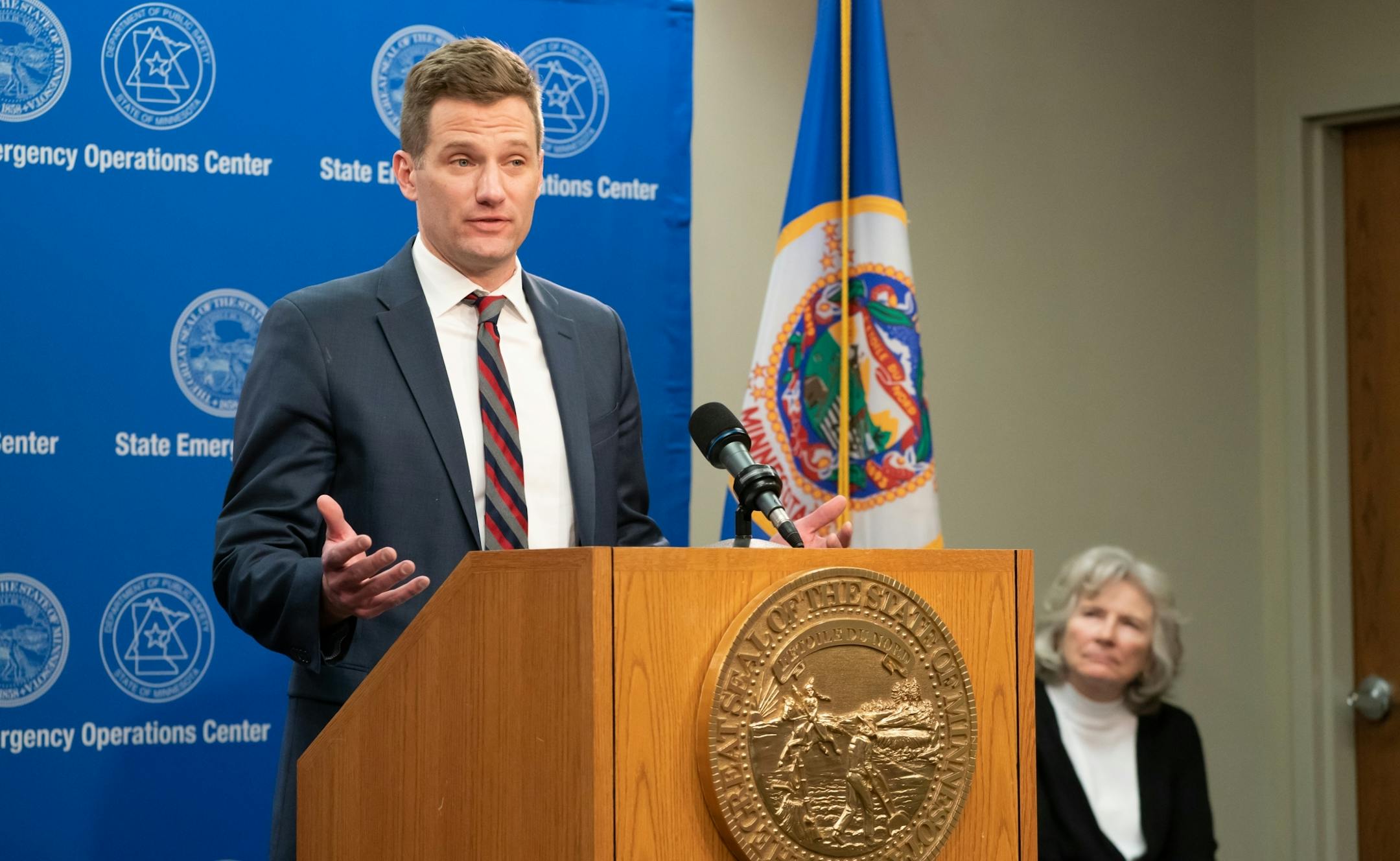 Employment and Economic Development Commissioner Steve Grove. In a tightly pooled press conference, Minn. Governor Walz provided an update on the state's next steps to respond to COVID-19. He was joined by Health Commissioner Jan Malcolm, Employment and Economic Development Commissioner Steve Grove, and Homeland Security and Emergency Management Director Joe Kelly and other state officials.