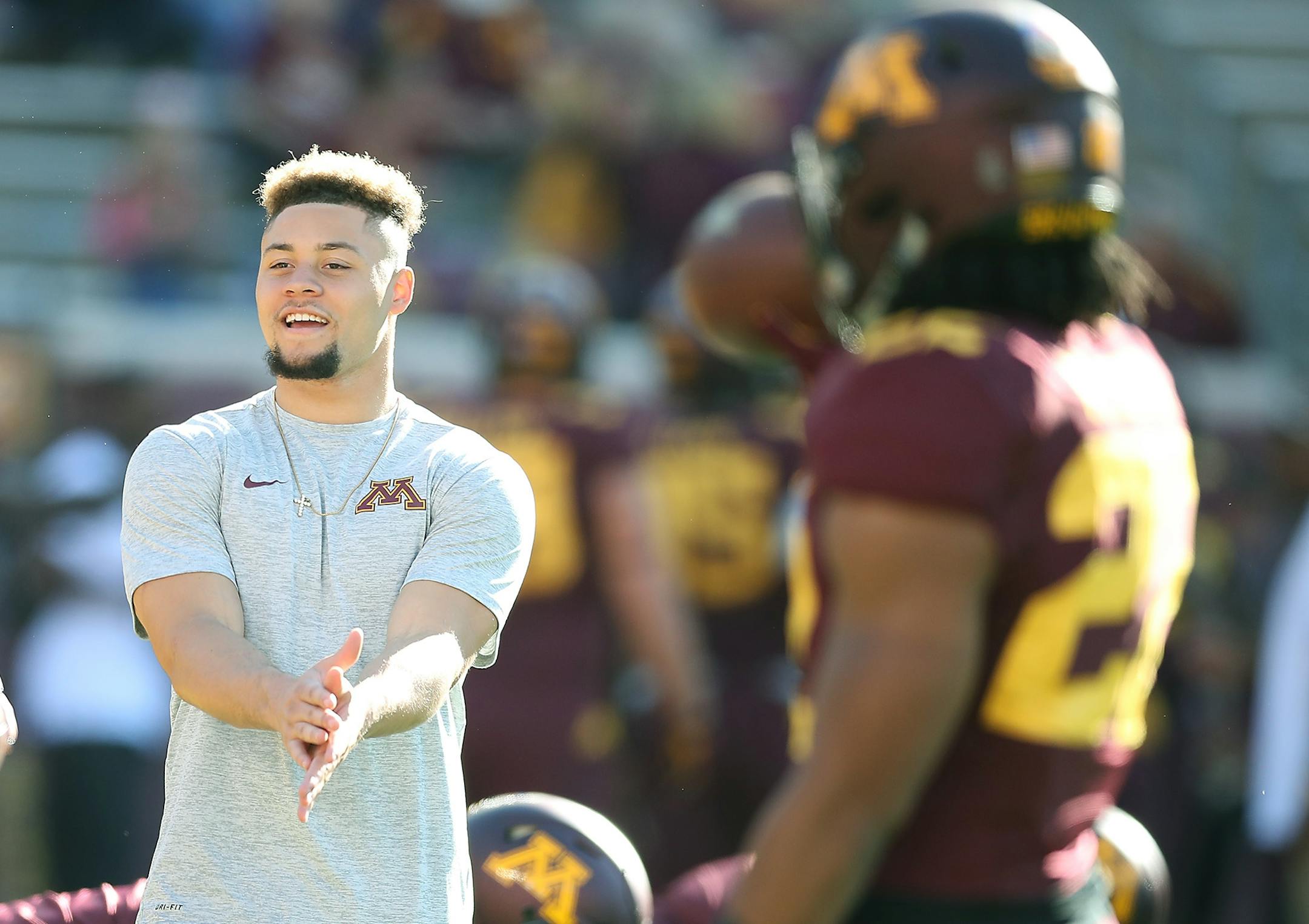 Minnesota's running back Shannon Brooks was not suited up as he took the field for warm up with the team before Minnesota took on Purdue at TCF Bank Stadium, Saturday, November 5, 2016 in Minneapolis, MN.